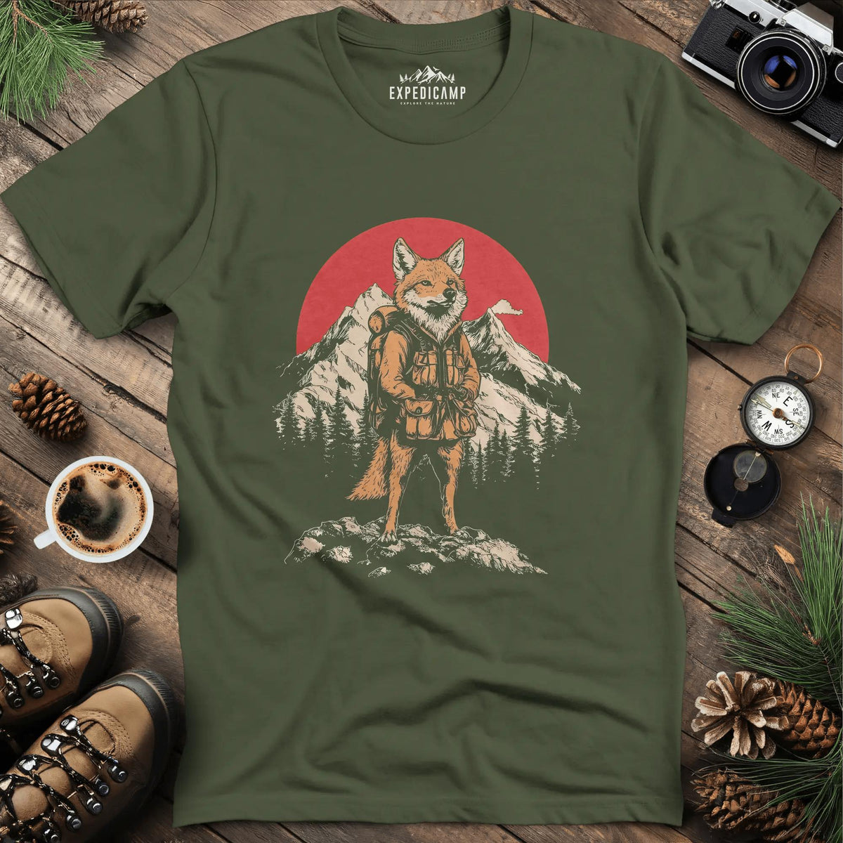 Fox Hiker T-Shirt – Clever Explorer – Military Green – Outdoor apparel for travel, hiking, camping, and nature lovers – ExpediCamp