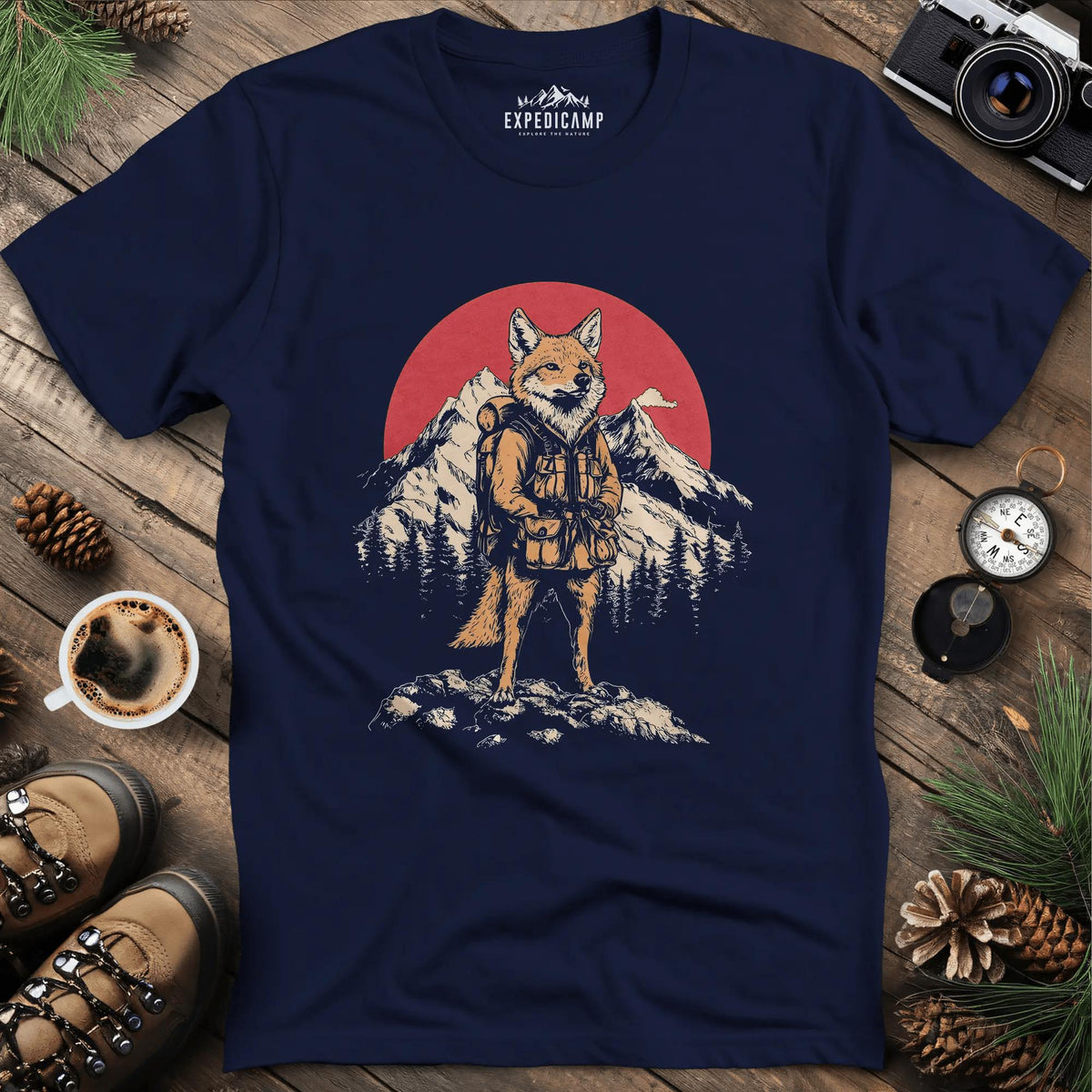 Fox Hiker T-Shirt – Clever Explorer – Navy – Outdoor apparel for travel, hiking, camping, and nature lovers – ExpediCamp