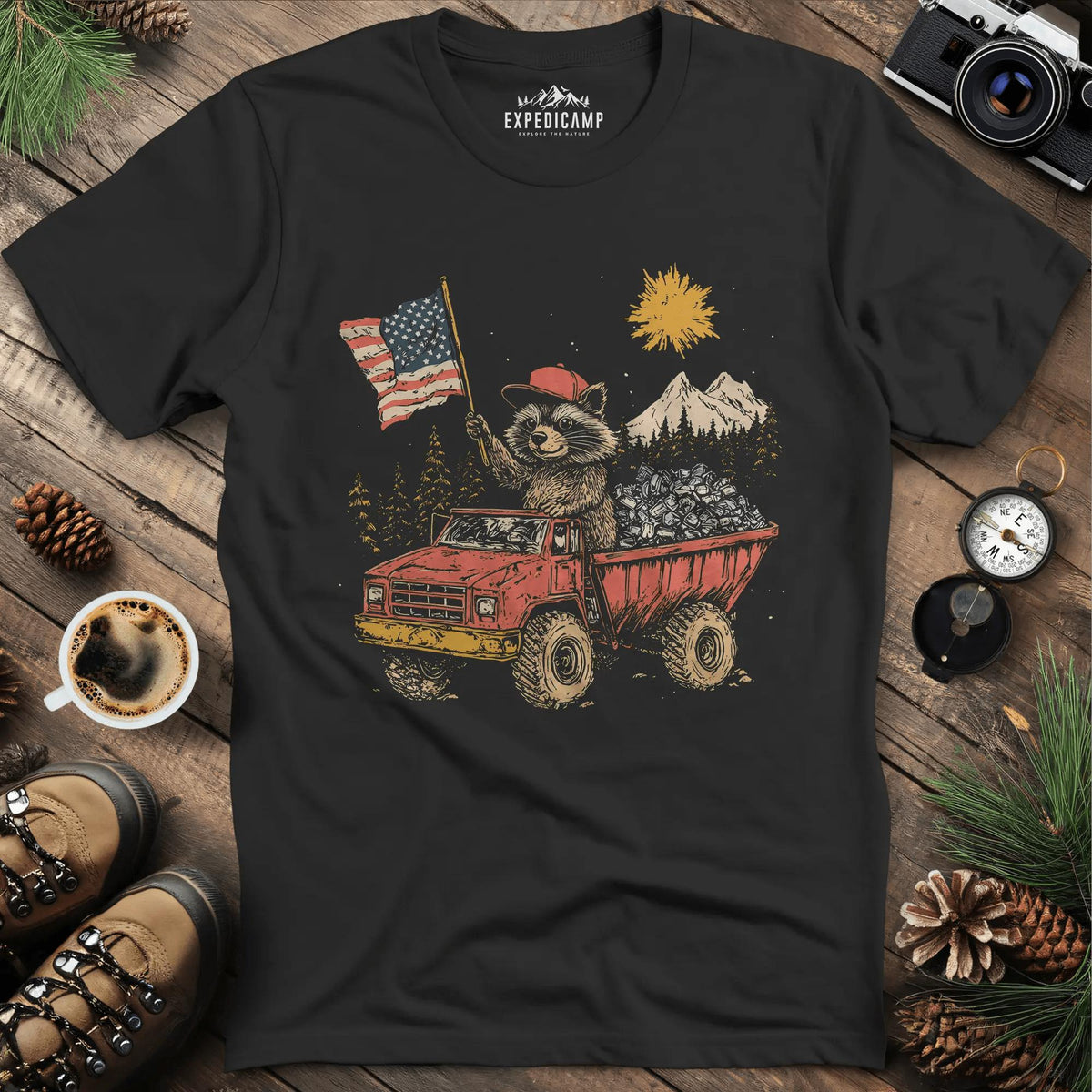 Fred the Raccoon T-Shirt - Celebrating the Spirit of the Forest – Black – Outdoor apparel for travel, hiking, camping, and nature lovers – ExpediCamp