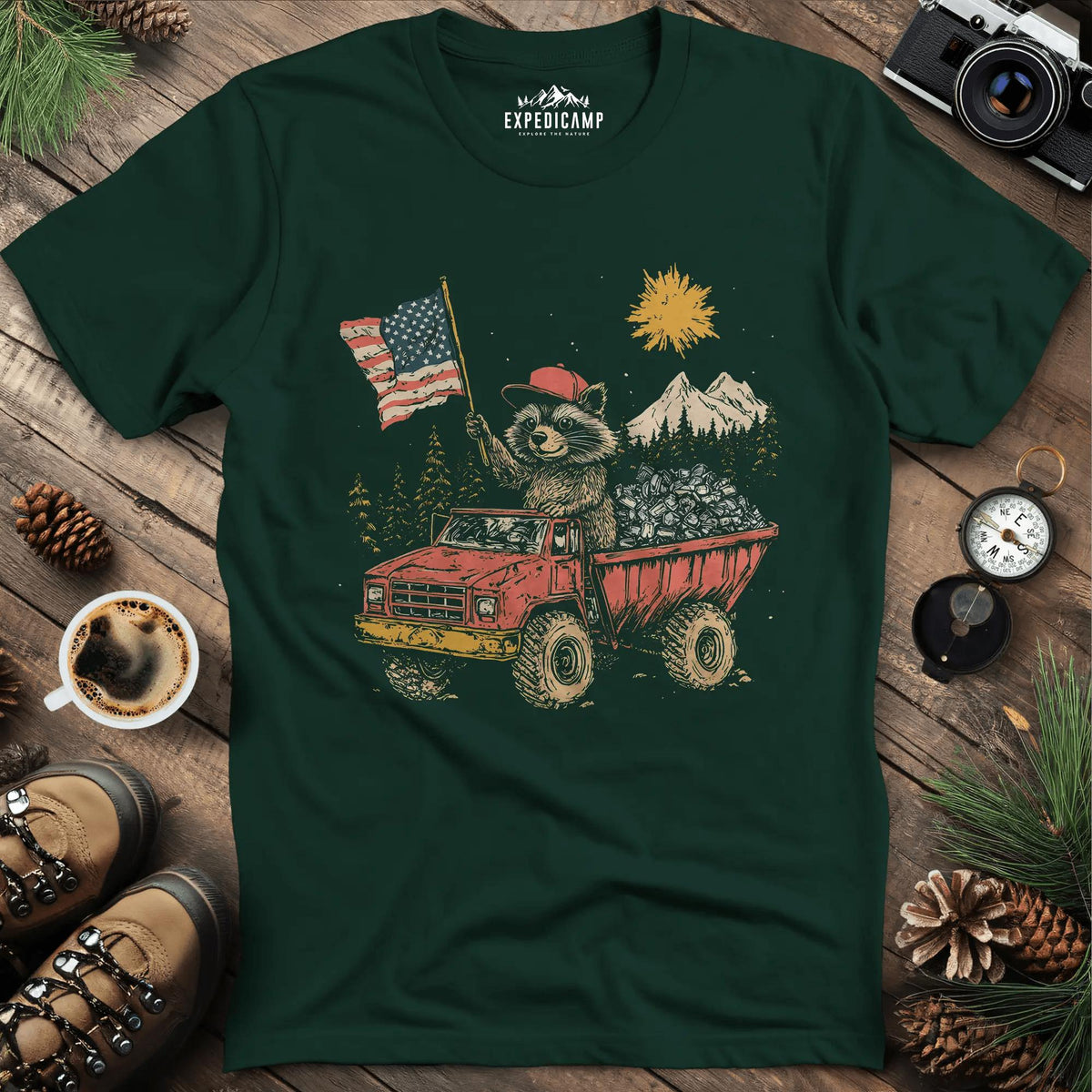 Fred the Raccoon T-Shirt - Celebrating the Spirit of the Forest – Forest Green – Outdoor apparel for travel, hiking, camping, and nature lovers – ExpediCamp