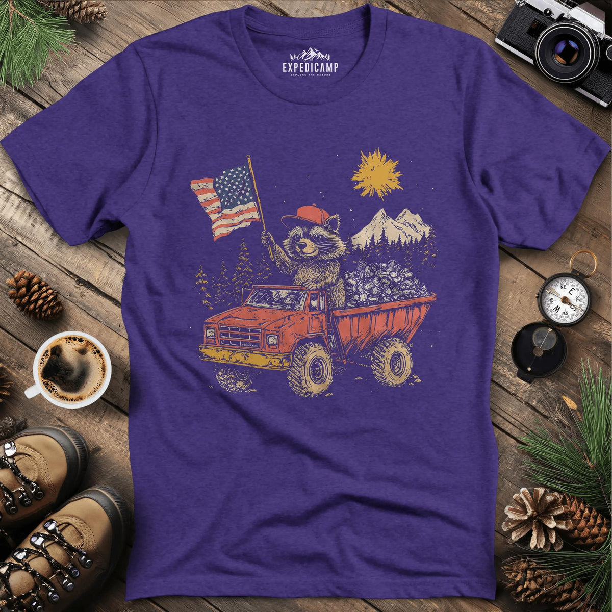 Fred the Raccoon T-Shirt - Celebrating the Spirit of the Forest – Heather Purple – Outdoor apparel for travel, hiking, camping, and nature lovers – ExpediCamp