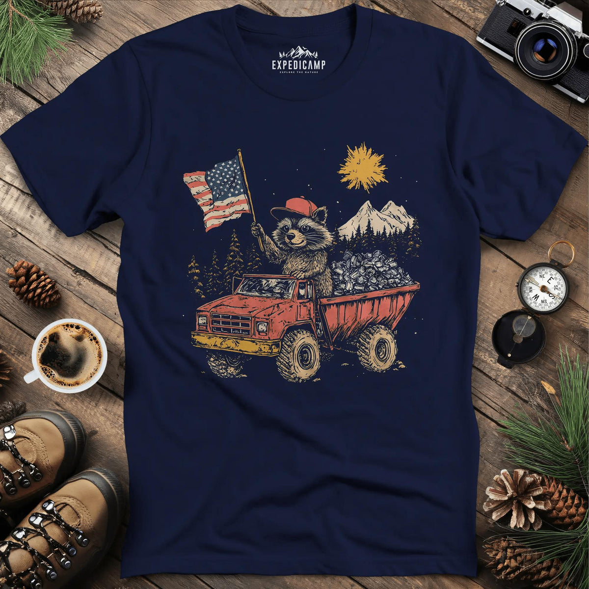 Fred the Raccoon T-Shirt - Celebrating the Spirit of the Forest – Navy – Outdoor apparel for travel, hiking, camping, and nature lovers – ExpediCamp