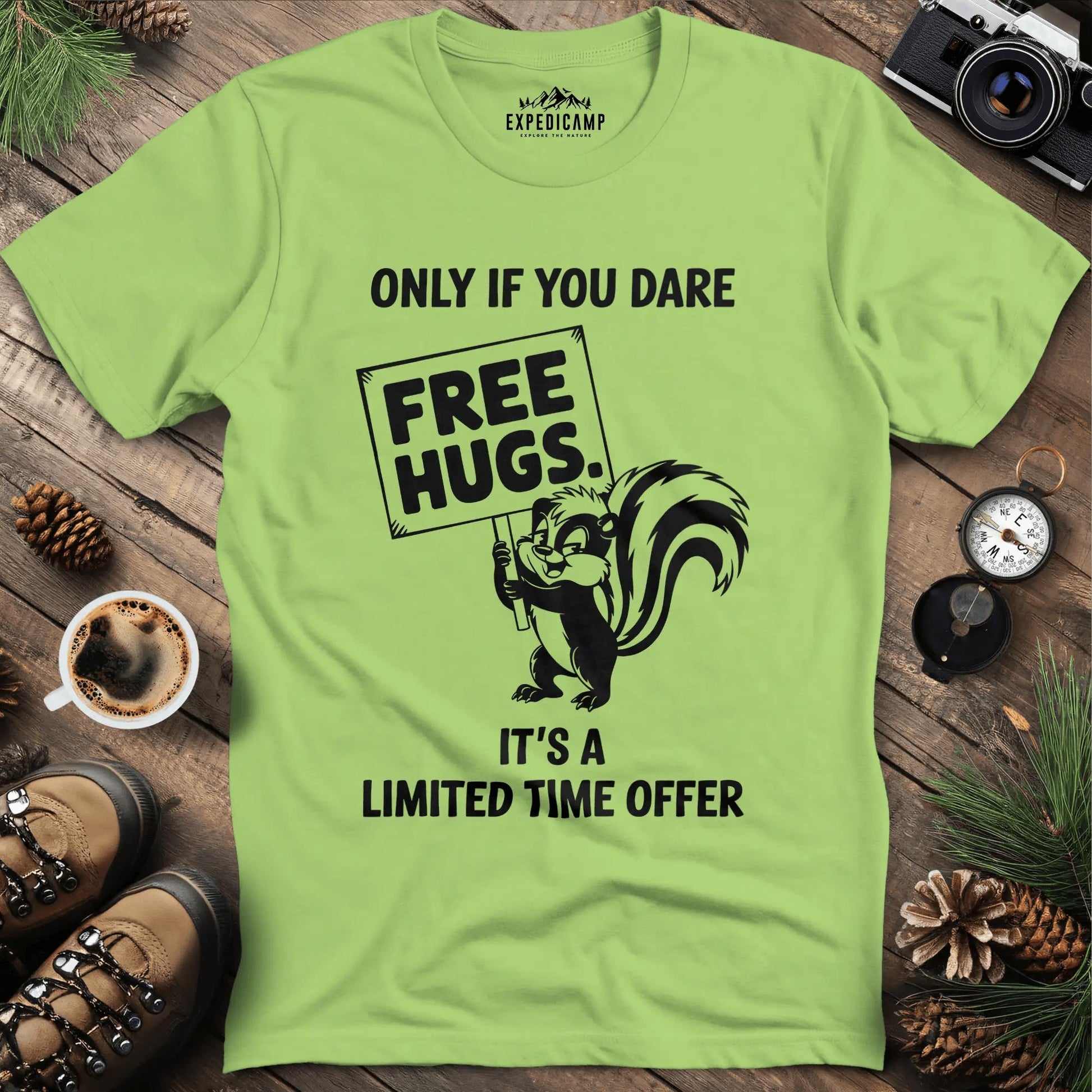 Free Hugs Skunk T-Shirt – Kiwi – Outdoor apparel for travel, hiking, camping, and nature lovers – ExpediCamp