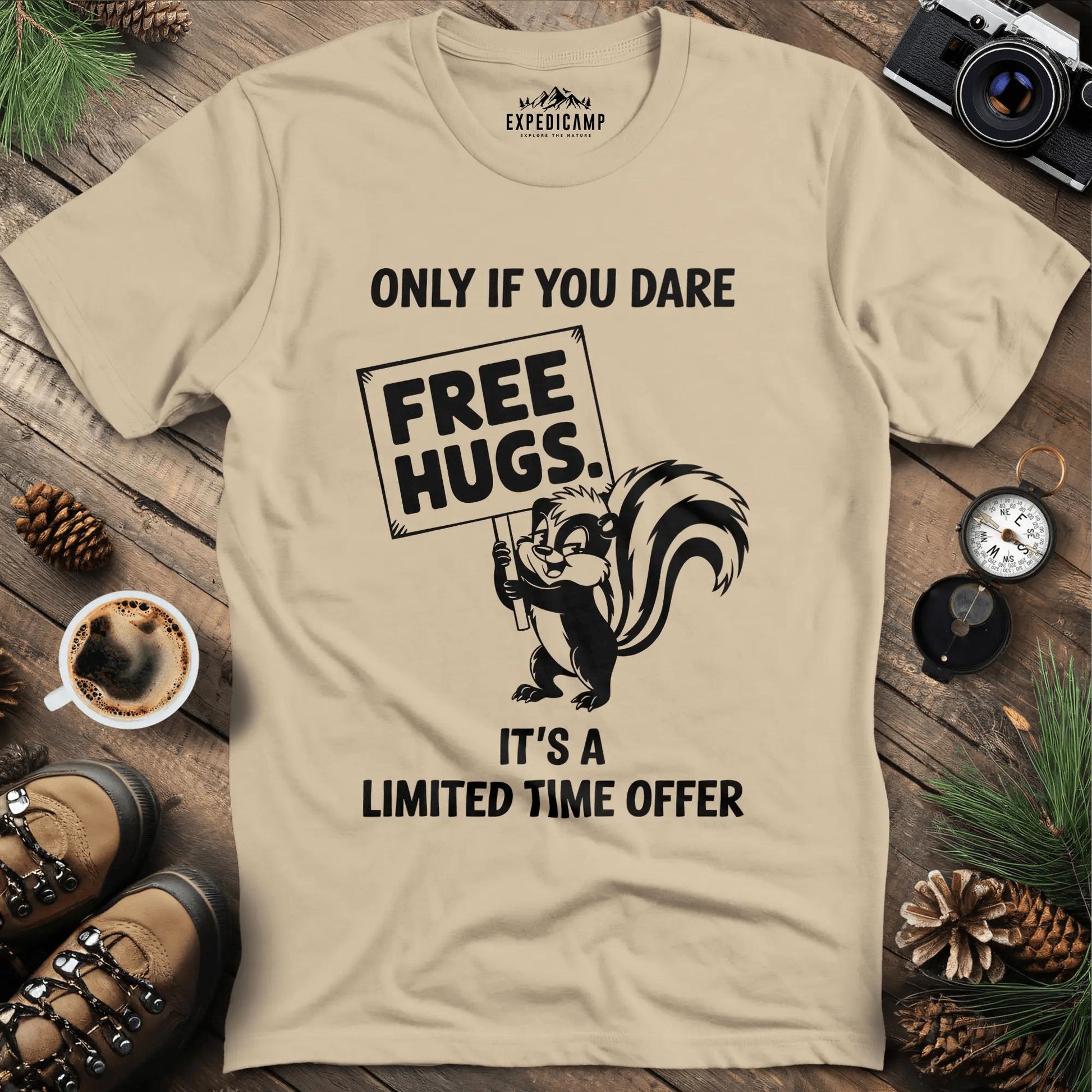 Free Hugs Skunk T-Shirt – Sand – Outdoor apparel for travel, hiking, camping, and nature lovers – ExpediCamp