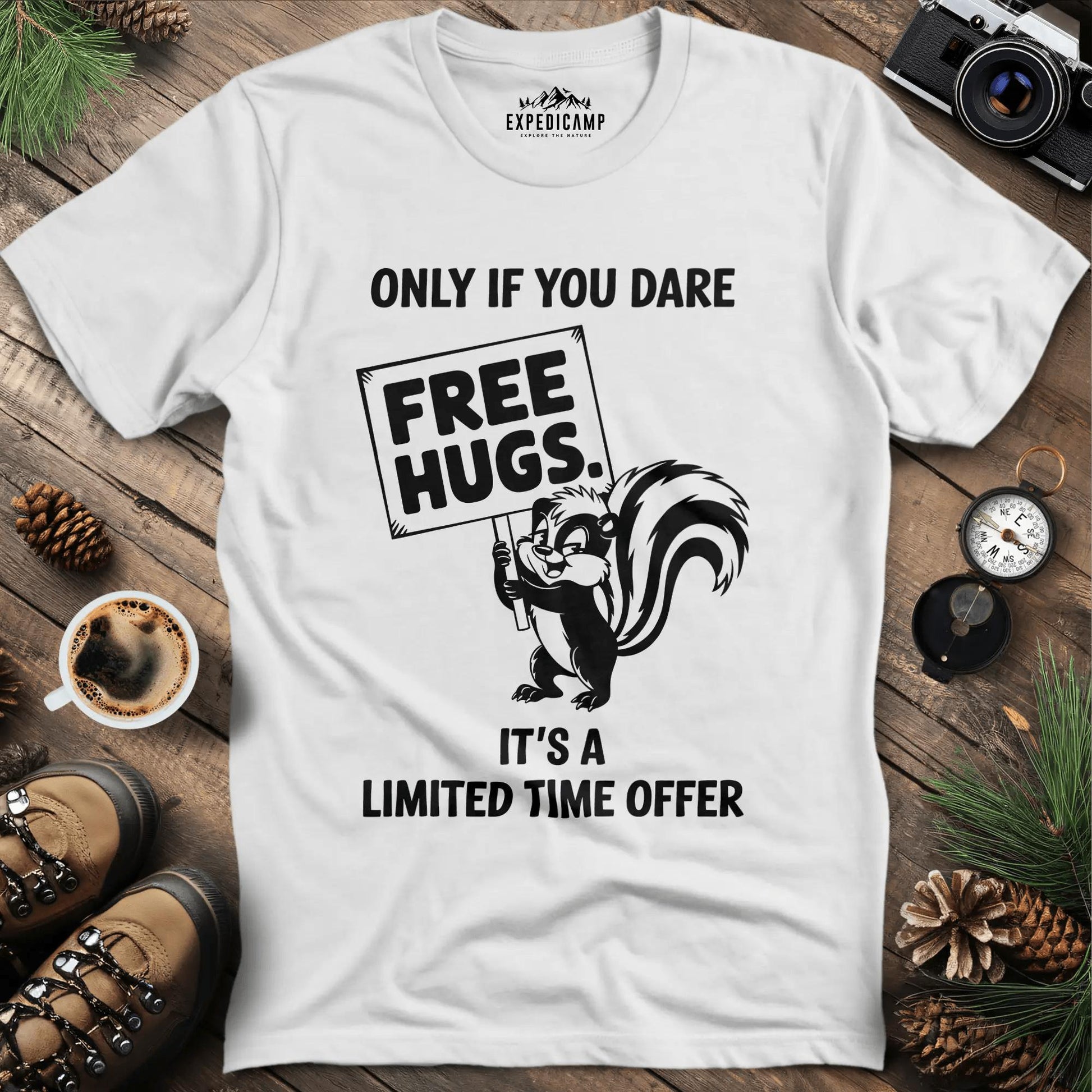 Free Hugs Skunk T-Shirt – White – Outdoor apparel for travel, hiking, camping, and nature lovers – ExpediCamp