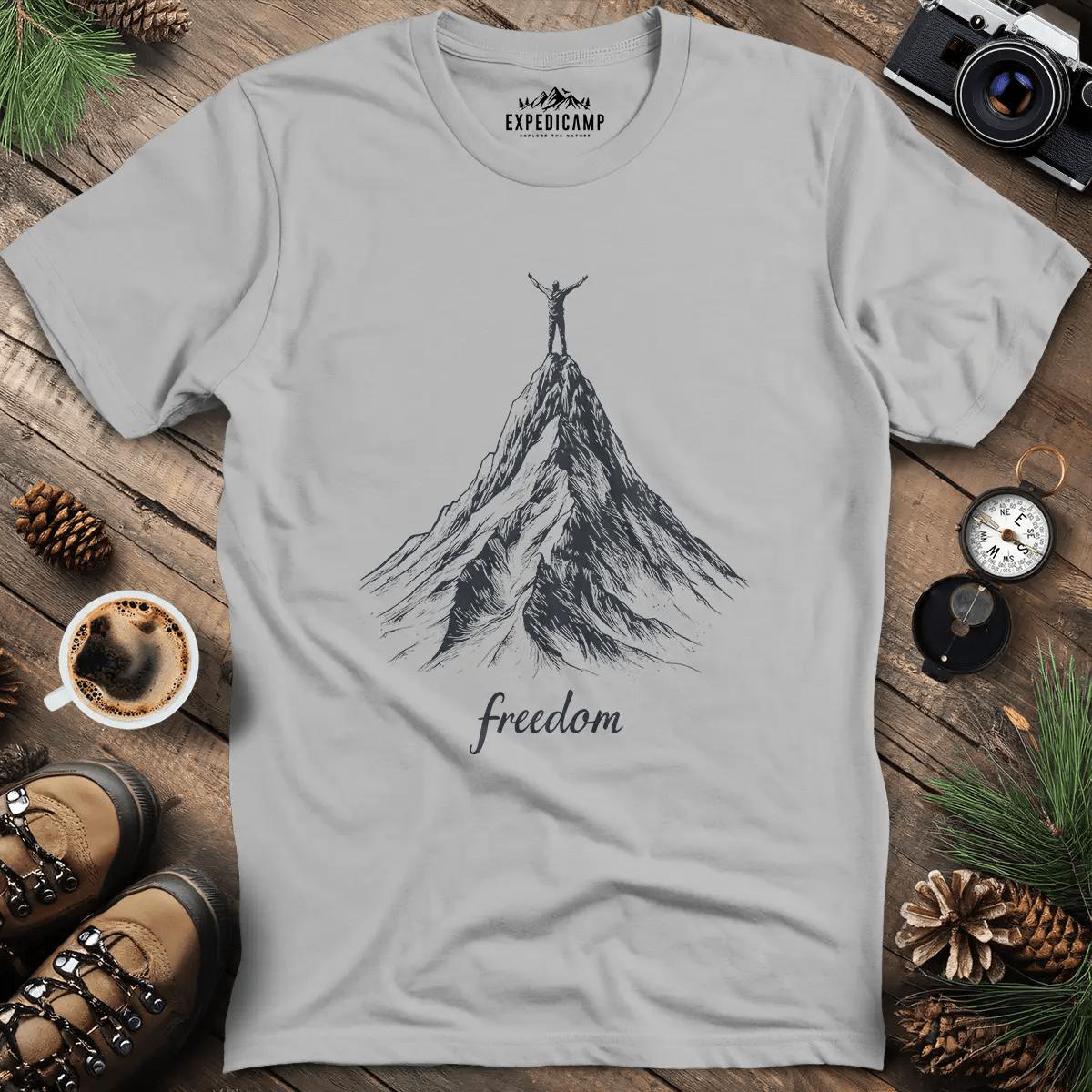 Freedom on the Mountain Peak T-Shirt – Ice Grey – Outdoor apparel for travel, hiking, camping, and nature lovers – ExpediCamp
