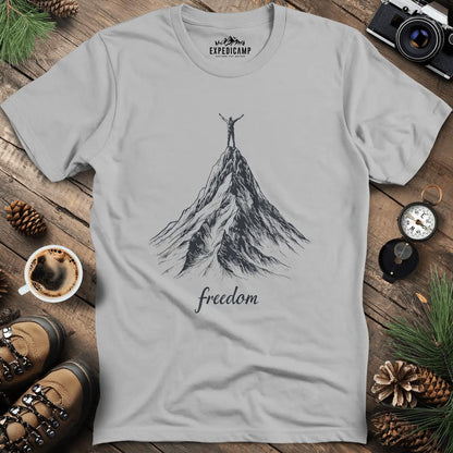 Freedom on the Mountain Peak T-Shirt – Ice Grey – Outdoor apparel for travel, hiking, camping, and nature lovers – ExpediCamp