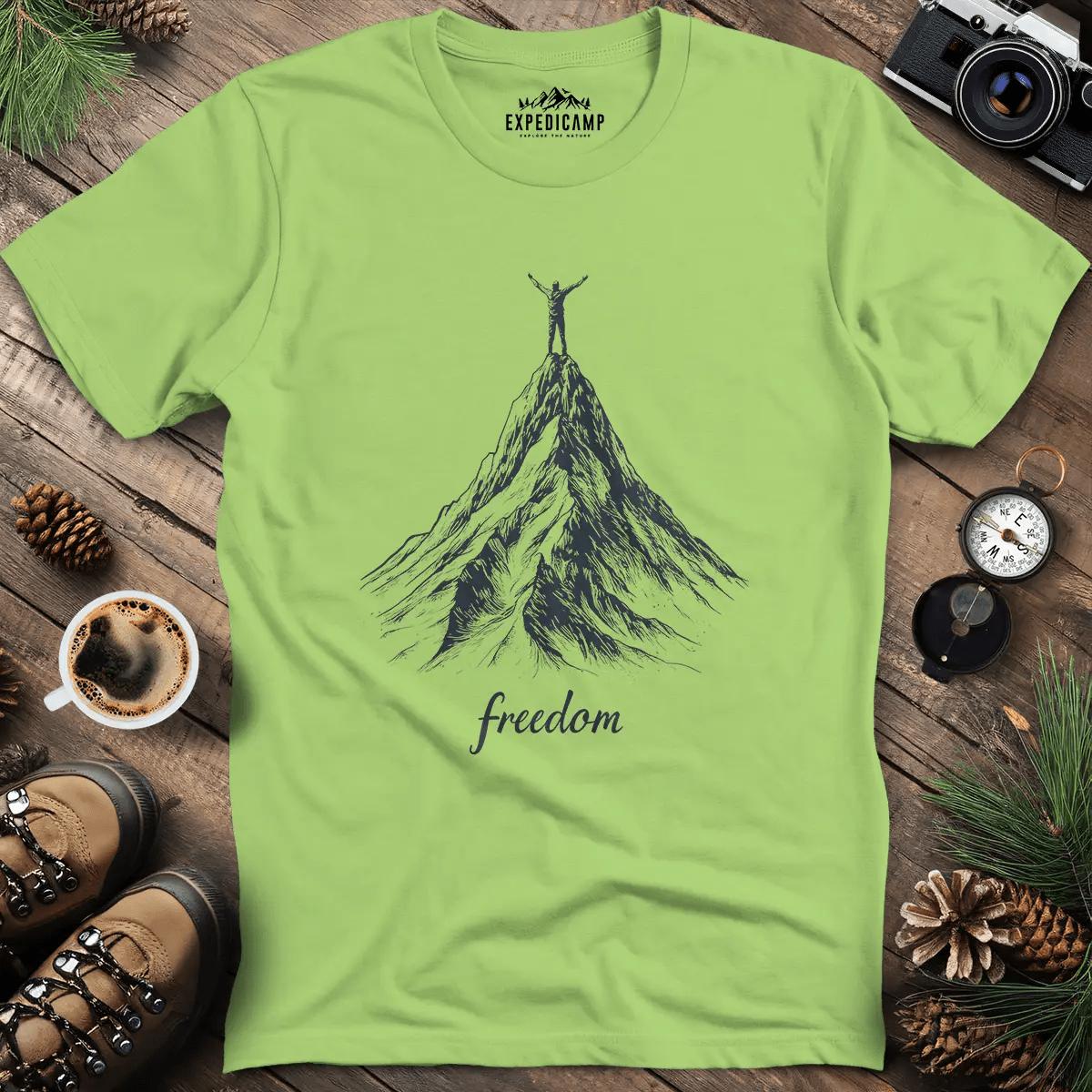 Freedom on the Mountain Peak T-Shirt – Kiwi – Outdoor apparel for travel, hiking, camping, and nature lovers – ExpediCamp