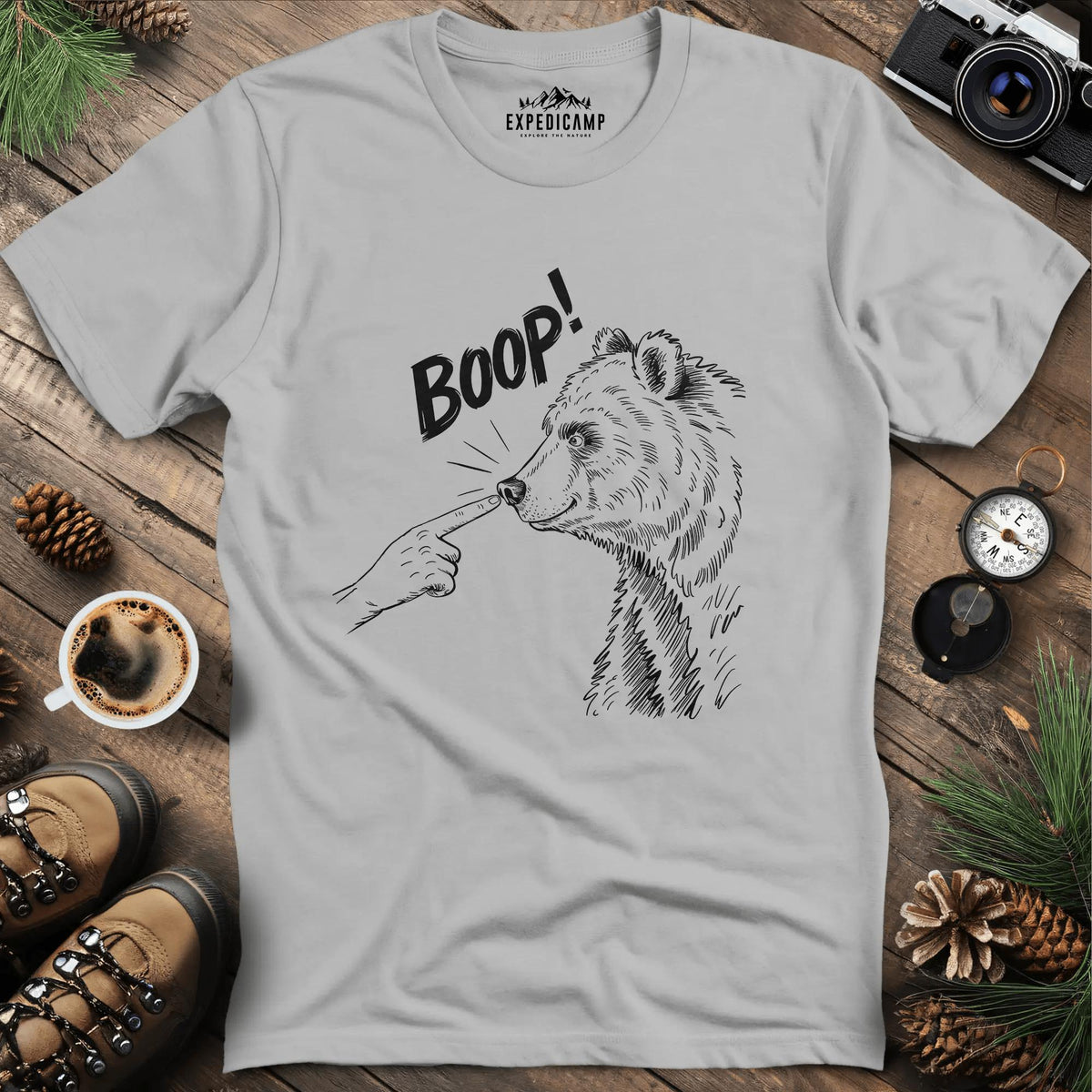 Funny Bear Boop T-Shirt – Ice Grey – Outdoor apparel for travel, hiking, camping, and nature lovers – ExpediCamp