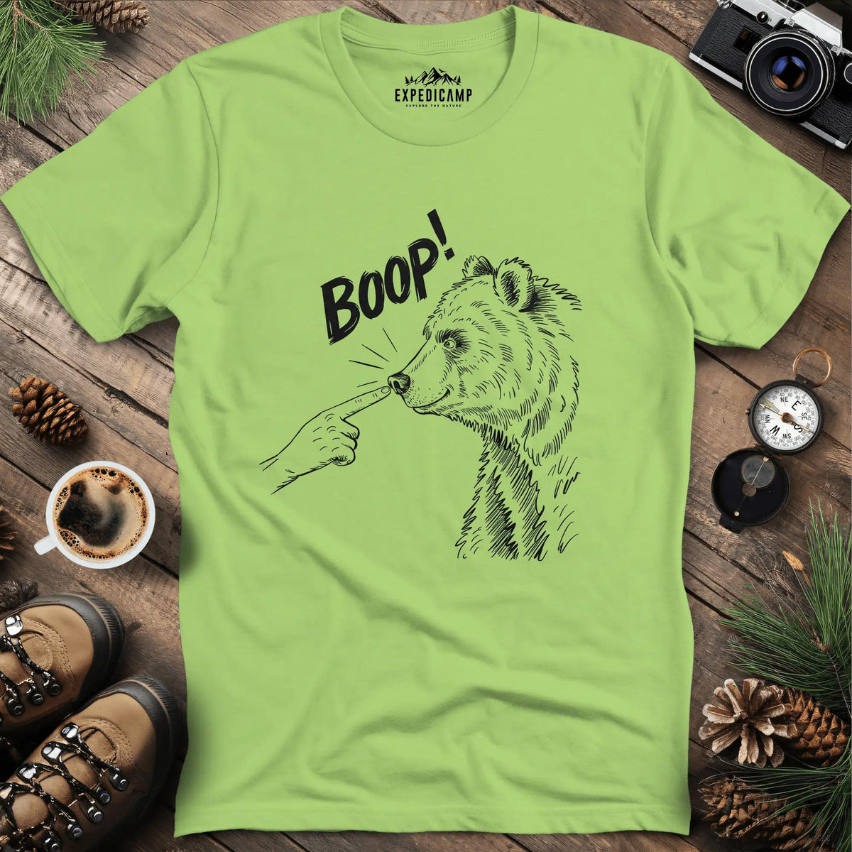 Funny Bear Boop T-Shirt – Kiwi – Outdoor apparel for travel, hiking, camping, and nature lovers – ExpediCamp