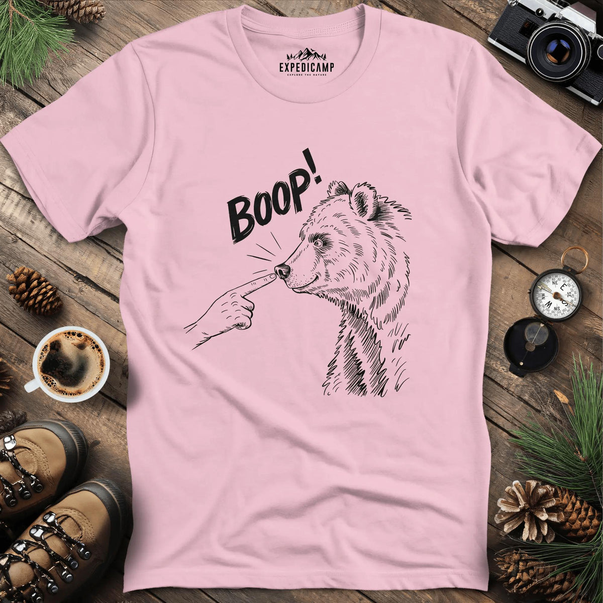 Funny Bear Boop T-Shirt – Light Pink – Outdoor apparel for travel, hiking, camping, and nature lovers – ExpediCamp