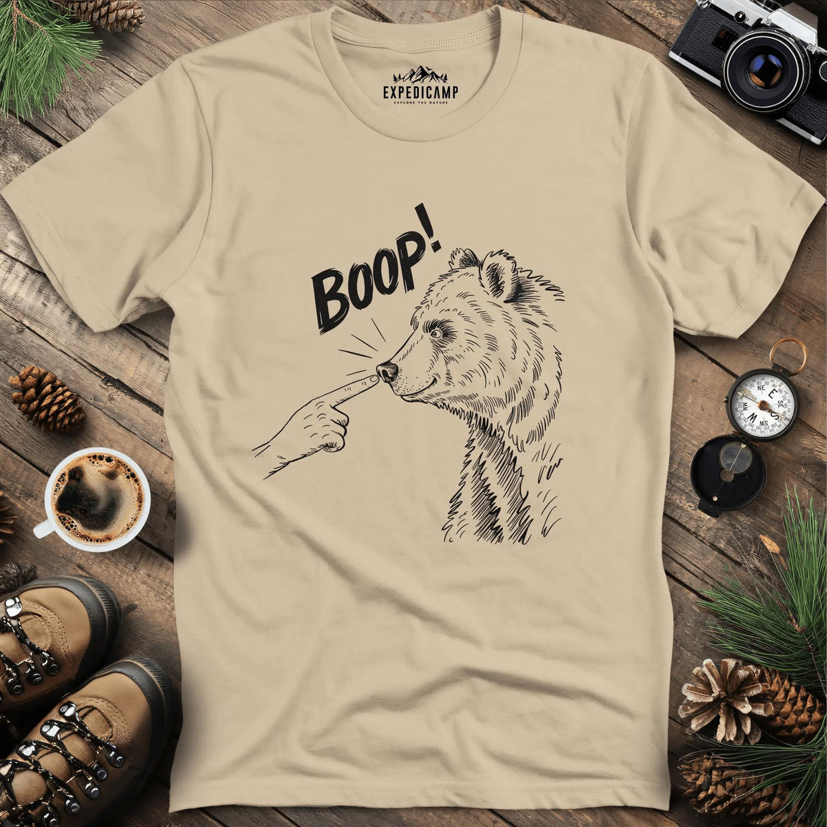 Funny Bear Boop T-Shirt – Sand – Outdoor apparel for travel, hiking, camping, and nature lovers – ExpediCamp
