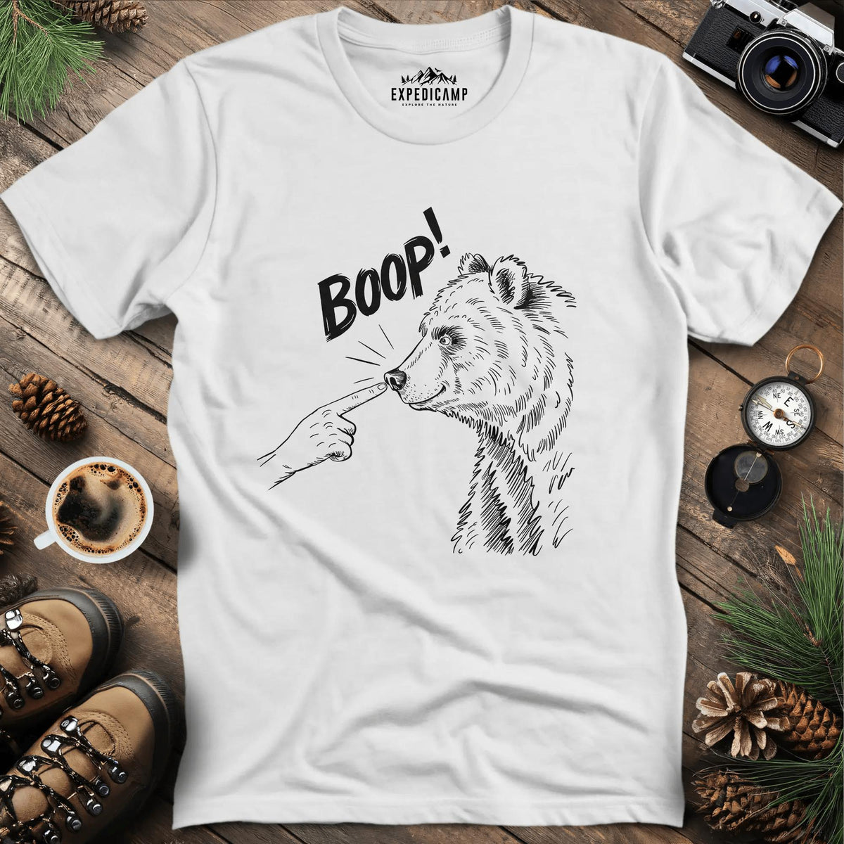 Funny Bear Boop T-Shirt – White – Outdoor apparel for travel, hiking, camping, and nature lovers – ExpediCamp