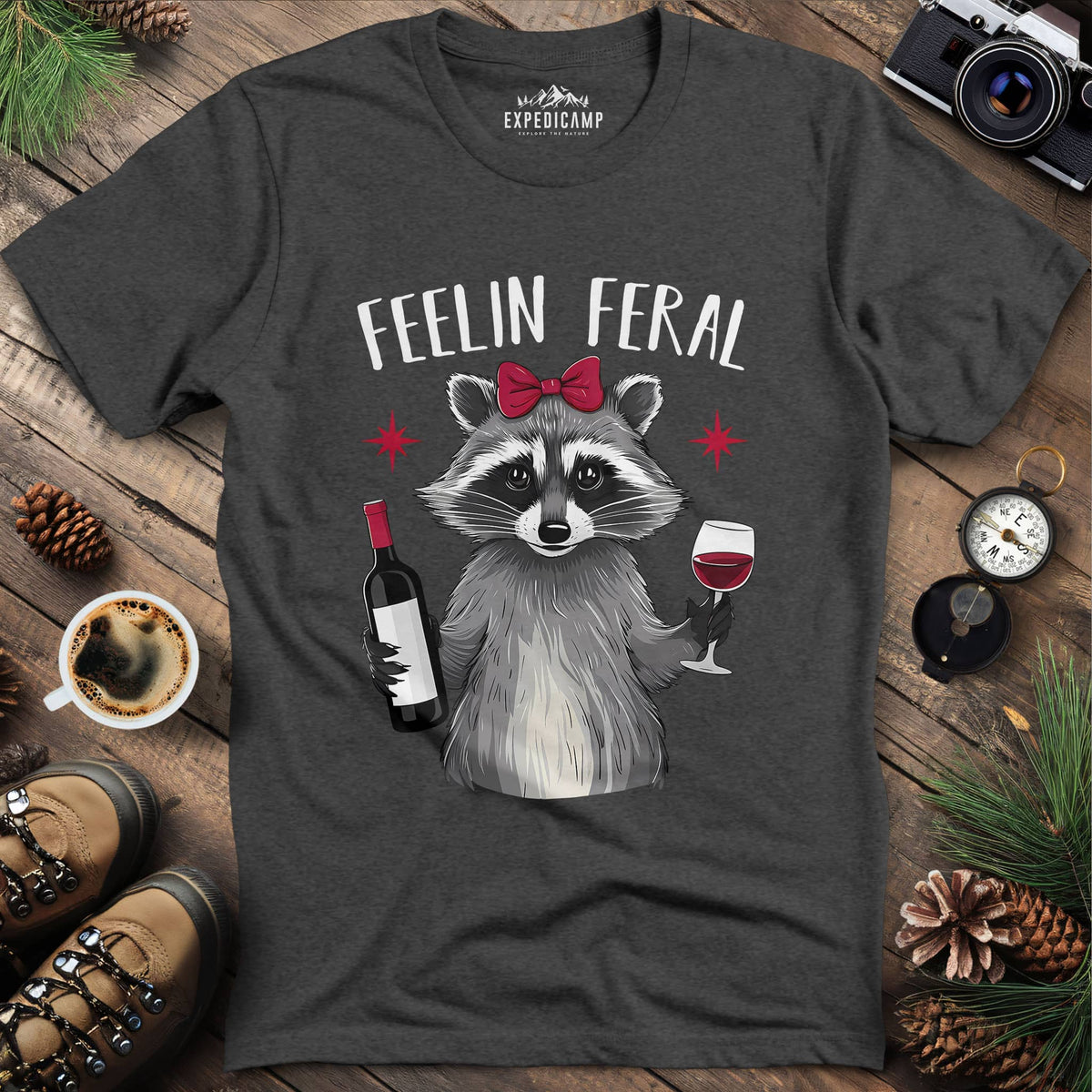 Funny Feelin Feral Raccoon T-Shirt – Dark Heather – Outdoor apparel for travel, hiking, camping, and nature lovers – ExpediCamp