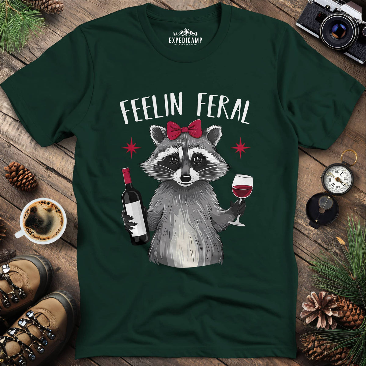 Funny Feelin Feral Raccoon T-Shirt – Forest Green – Outdoor apparel for travel, hiking, camping, and nature lovers – ExpediCamp