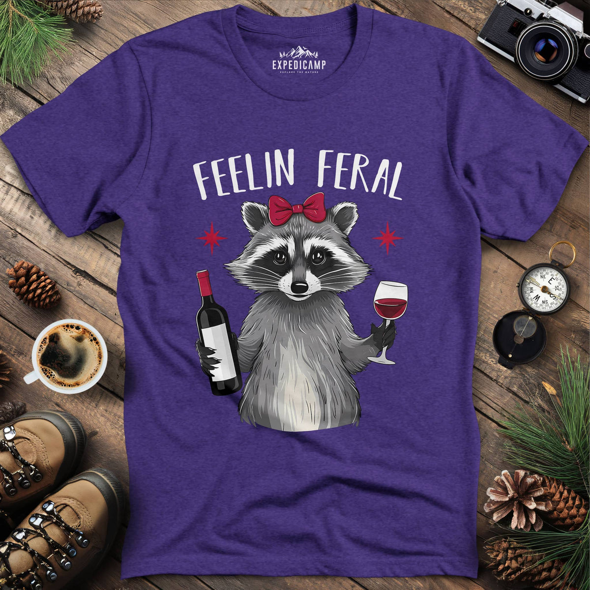 Funny Feelin Feral Raccoon T-Shirt – Heather Purple – Outdoor apparel for travel, hiking, camping, and nature lovers – ExpediCamp