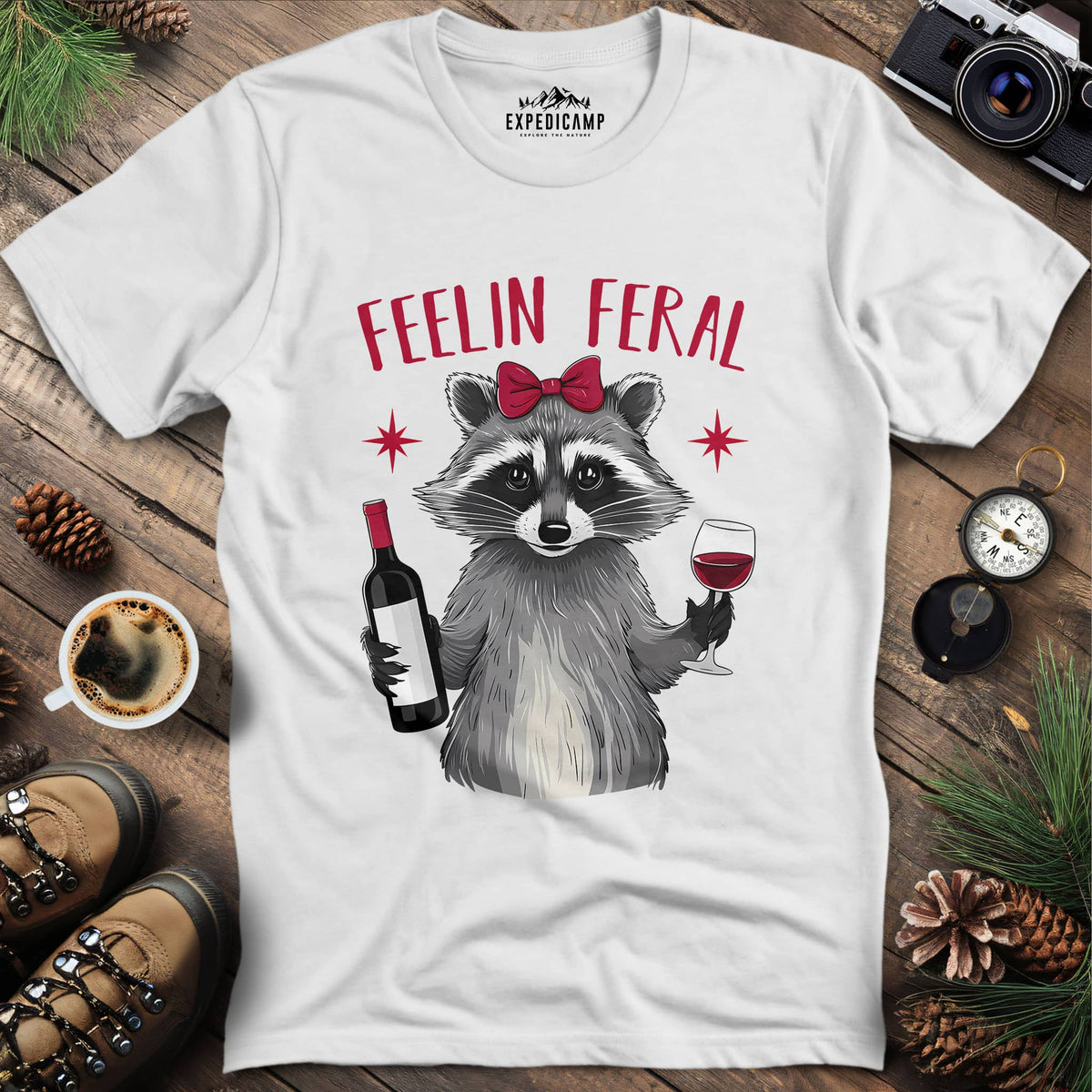 Funny Feelin Feral Raccoon T-Shirt – White – Outdoor apparel for travel, hiking, camping, and nature lovers – ExpediCamp