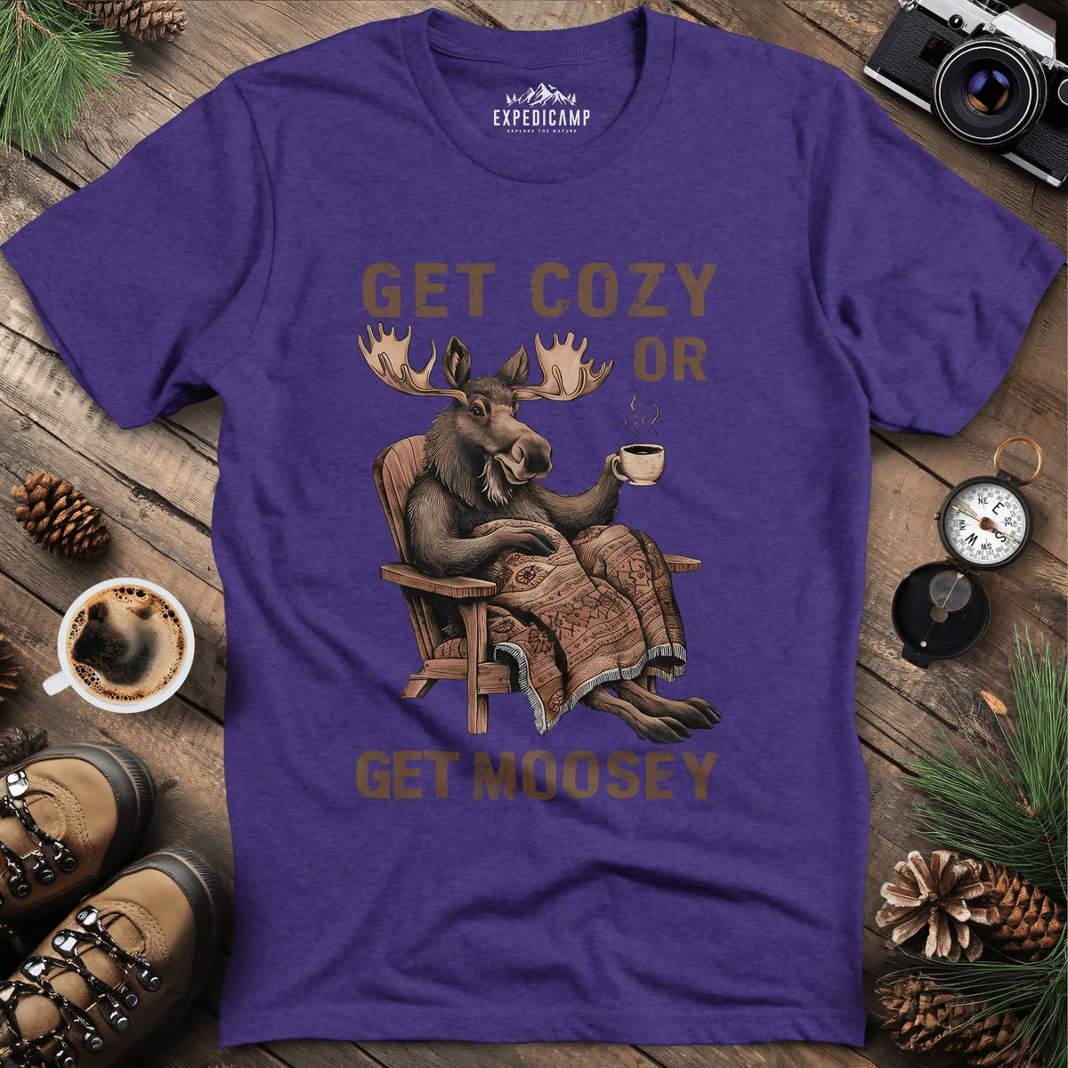Get Cozy or Get Moosey T-Shirt – Heather Purple – Outdoor apparel for travel, hiking, camping, and nature lovers – ExpediCamp