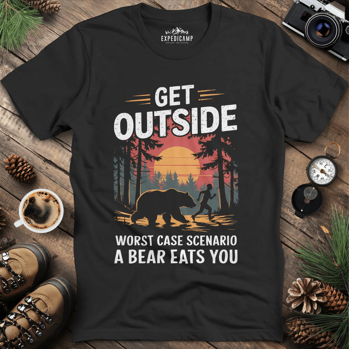 Get Outside Worst Case Scenario Bear Eats You T-Shirt – Black – Outdoor apparel for travel, hiking, camping, and nature lovers – ExpediCamp
