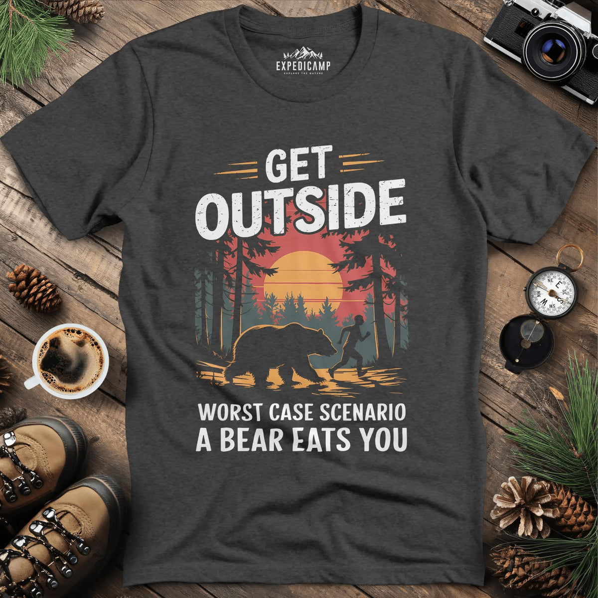 Get Outside Worst Case Scenario Bear Eats You T-Shirt – Dark Heather – Outdoor apparel for travel, hiking, camping, and nature lovers – ExpediCamp