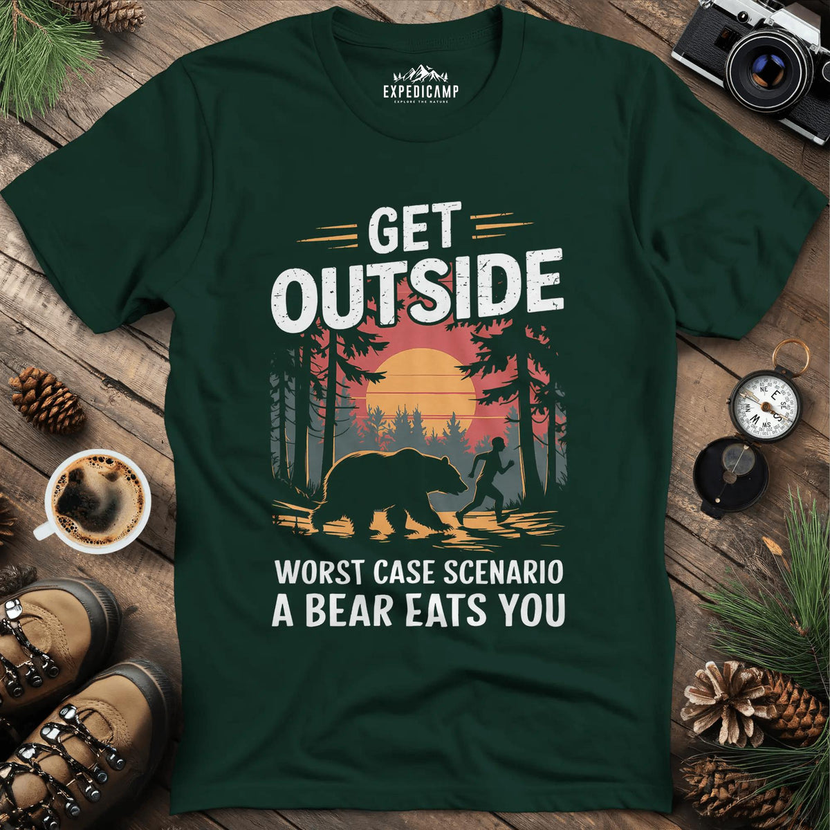 Get Outside Worst Case Scenario Bear Eats You T-Shirt – Forest Green – Outdoor apparel for travel, hiking, camping, and nature lovers – ExpediCamp
