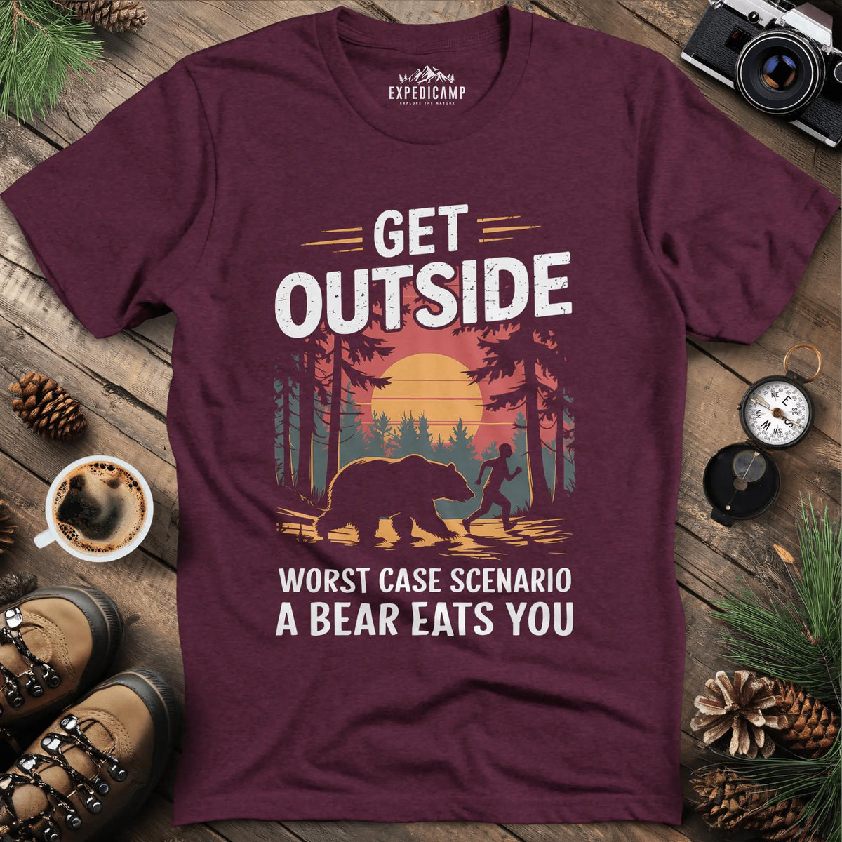 Get Outside Worst Case Scenario Bear Eats You T-Shirt – Heather Maroon – Outdoor apparel for travel, hiking, camping, and nature lovers – ExpediCamp