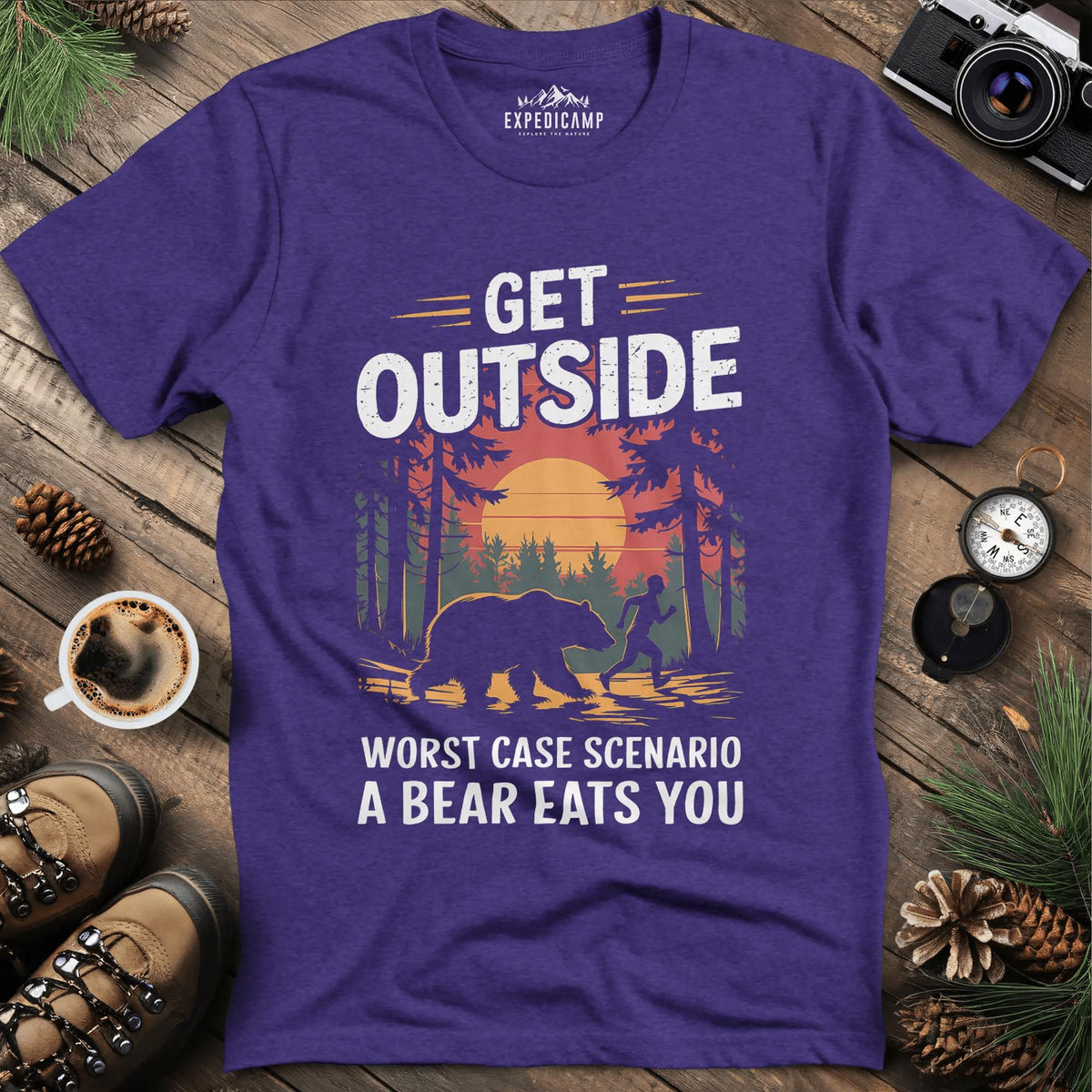 Get Outside Worst Case Scenario Bear Eats You T-Shirt – Heather Purple – Outdoor apparel for travel, hiking, camping, and nature lovers – ExpediCamp