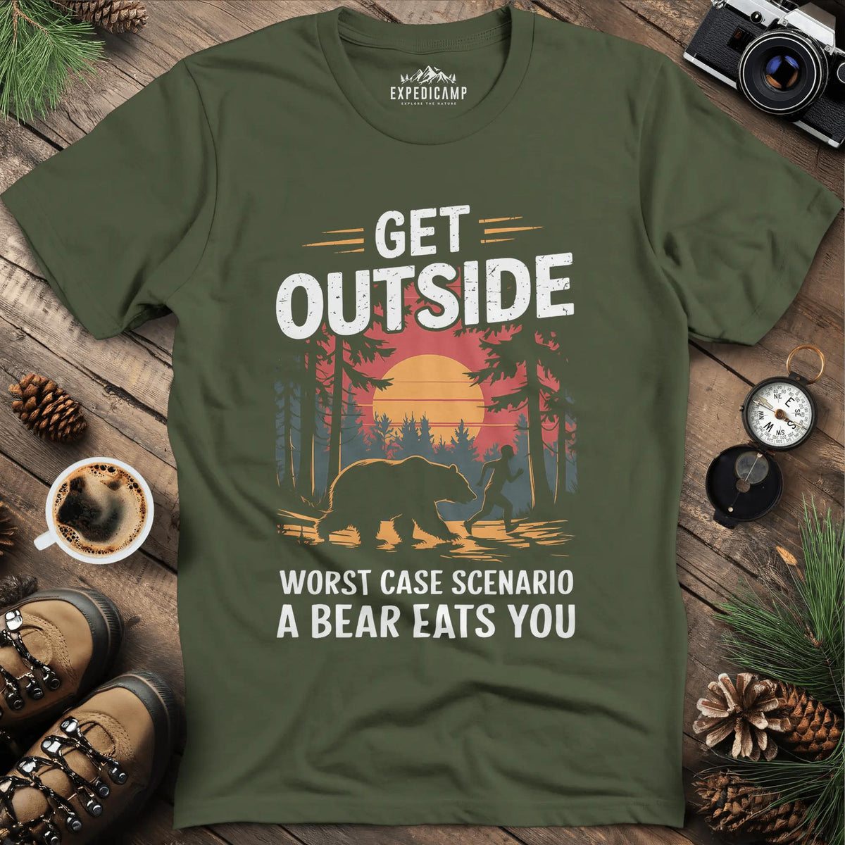 Get Outside Worst Case Scenario Bear Eats You T-Shirt – Military Green – Outdoor apparel for travel, hiking, camping, and nature lovers – ExpediCamp