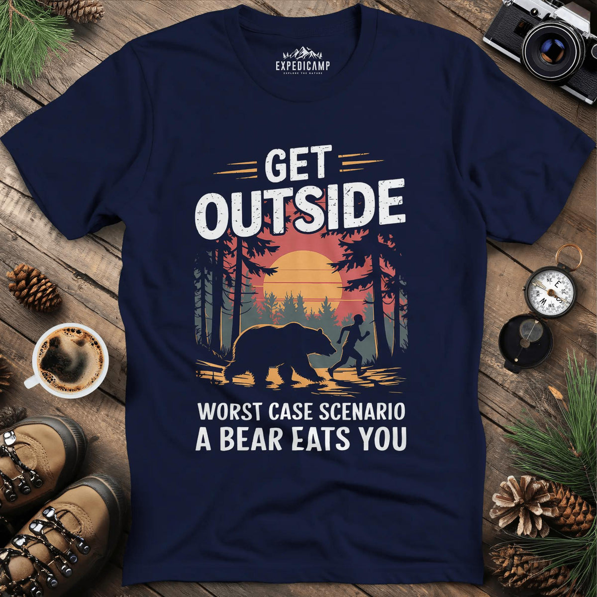 Get Outside Worst Case Scenario Bear Eats You T-Shirt – Navy – Outdoor apparel for travel, hiking, camping, and nature lovers – ExpediCamp
