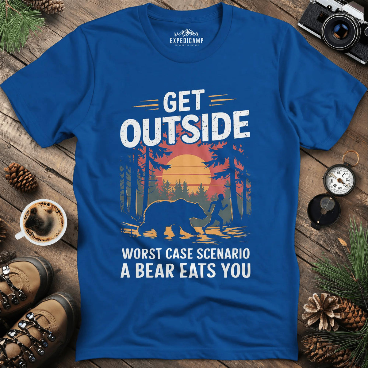 Get Outside Worst Case Scenario Bear Eats You T-Shirt – Royal – Outdoor apparel for travel, hiking, camping, and nature lovers – ExpediCamp