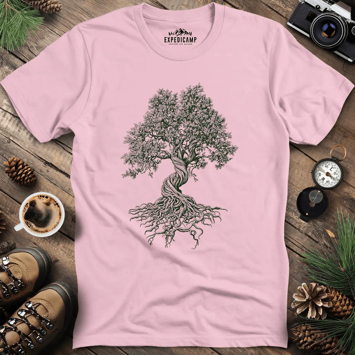 Gnarled Oak Tree T-Shirt – Light Pink – Outdoor apparel for travel, hiking, camping, and nature lovers – ExpediCamp