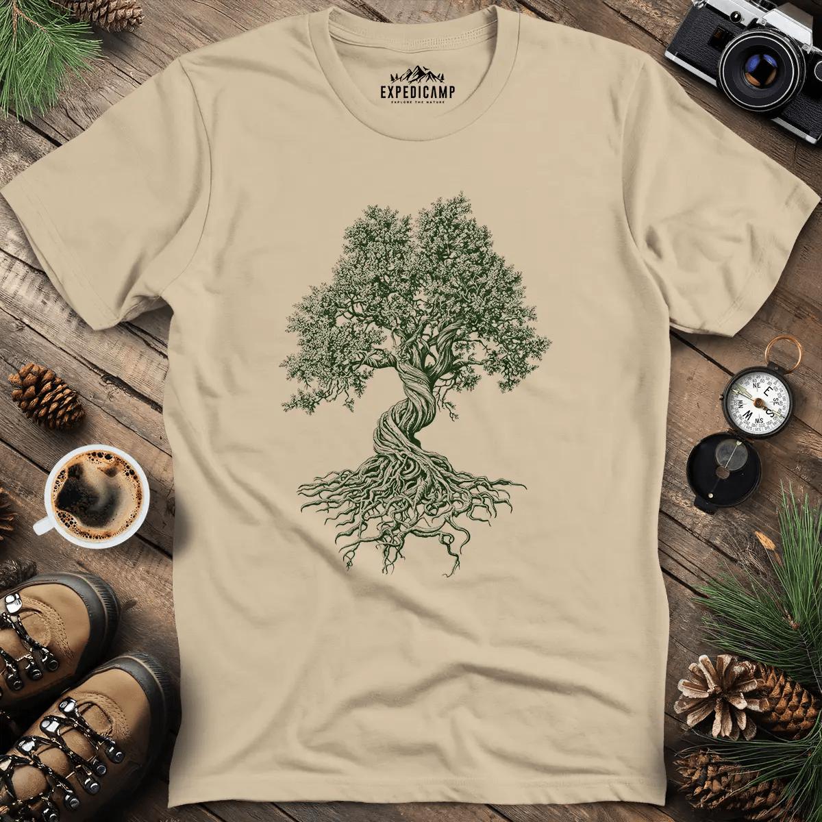Gnarled Oak Tree T-Shirt – Sand – Outdoor apparel for travel, hiking, camping, and nature lovers – ExpediCamp