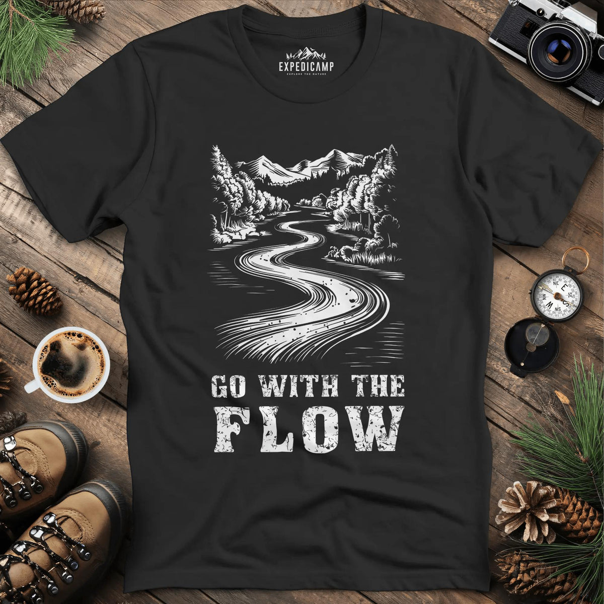 Go with the Flow T-Shirt – Black – Outdoor apparel for travel, hiking, camping, and nature lovers – ExpediCamp