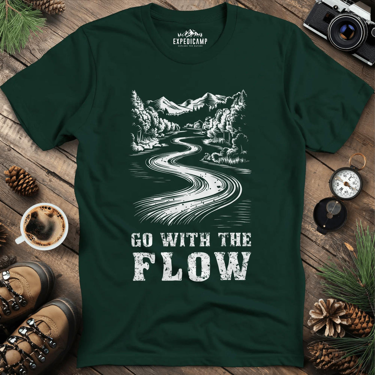 Go with the Flow T-Shirt – Forest Green – Outdoor apparel for travel, hiking, camping, and nature lovers – ExpediCamp