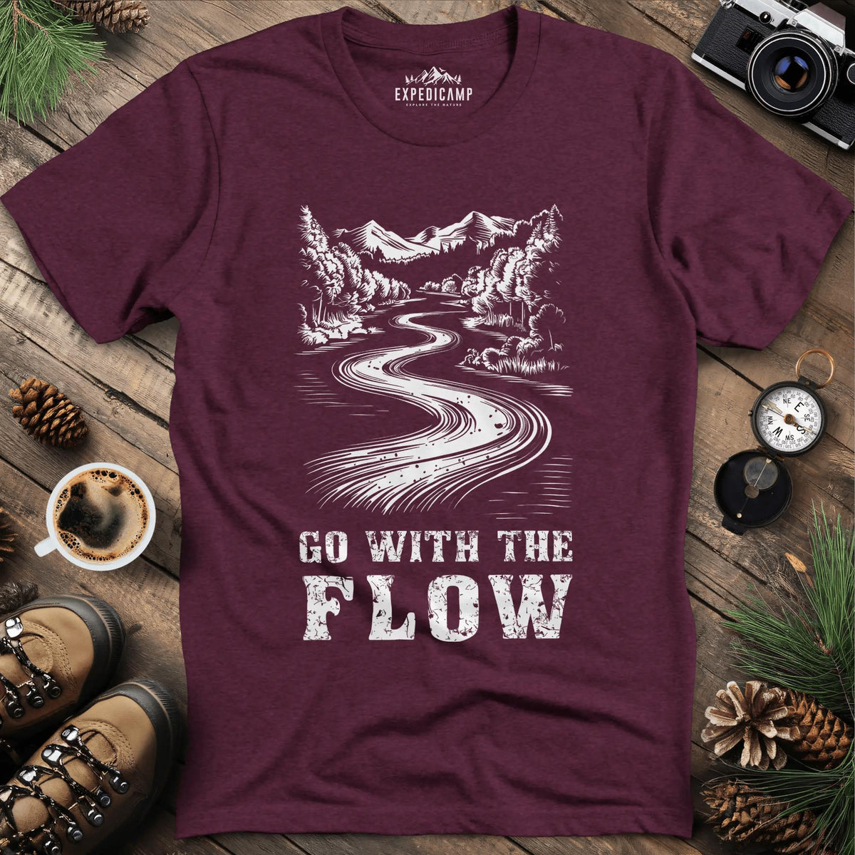 Go with the Flow T-Shirt – Heather Maroon – Outdoor apparel for travel, hiking, camping, and nature lovers – ExpediCamp