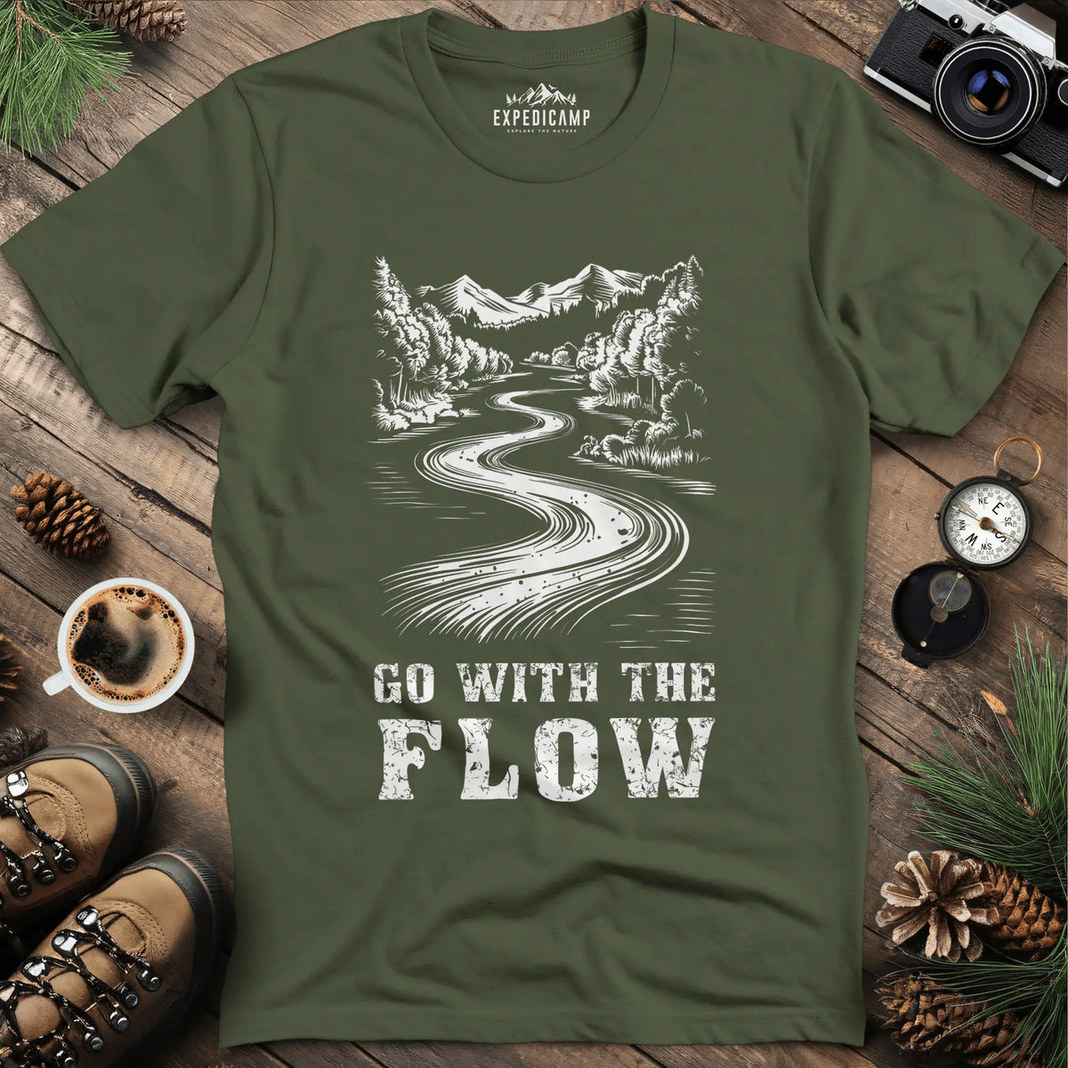 Go with the Flow T-Shirt – Military Green – Outdoor apparel for travel, hiking, camping, and nature lovers – ExpediCamp