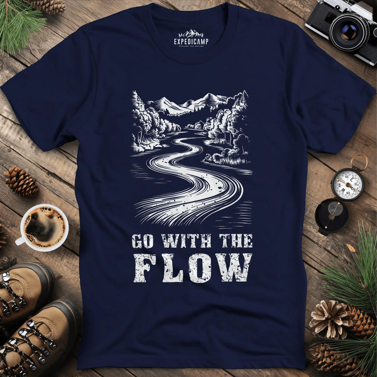 Go with the Flow T-Shirt – Navy – Outdoor apparel for travel, hiking, camping, and nature lovers – ExpediCamp