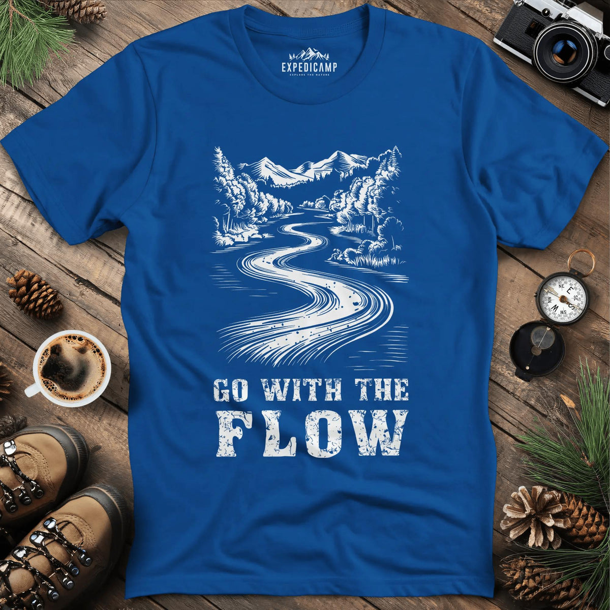 Go with the Flow T-Shirt – Royal – Outdoor apparel for travel, hiking, camping, and nature lovers – ExpediCamp