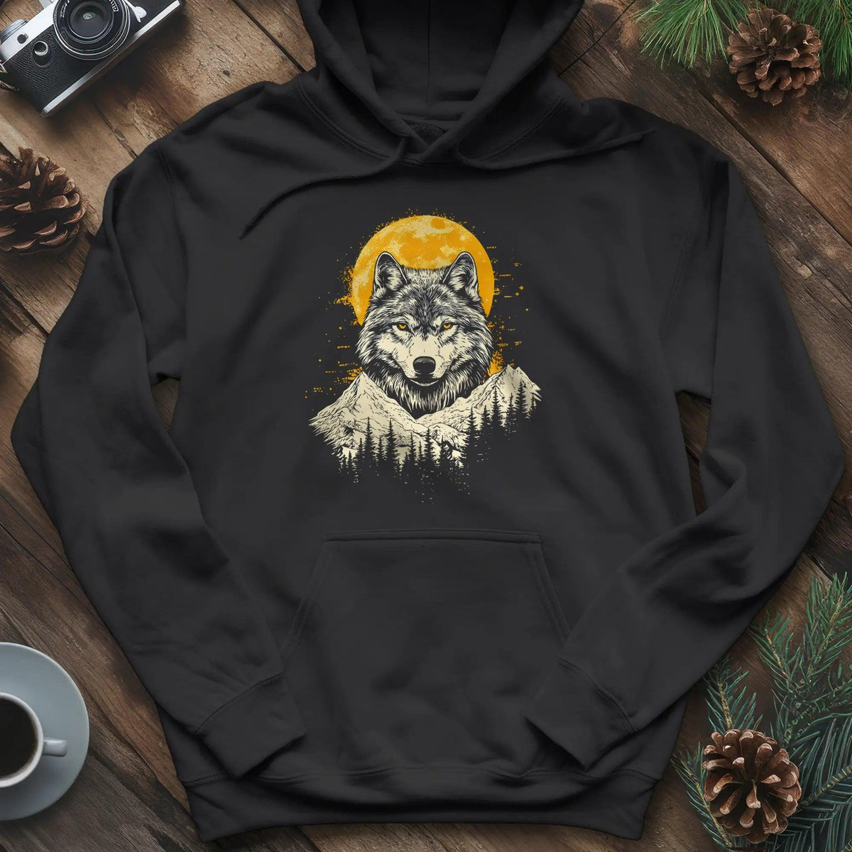 Golden Moon Wolf Hoodie – Black – Outdoor apparel for travel, hiking, camping, and nature lovers – ExpediCamp