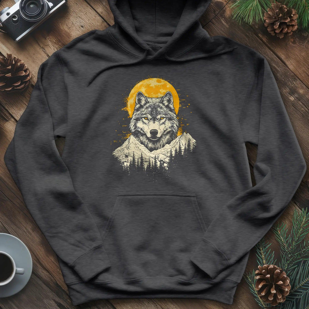Golden Moon Wolf Hoodie – Dark Heather – Outdoor apparel for travel, hiking, camping, and nature lovers – ExpediCamp
