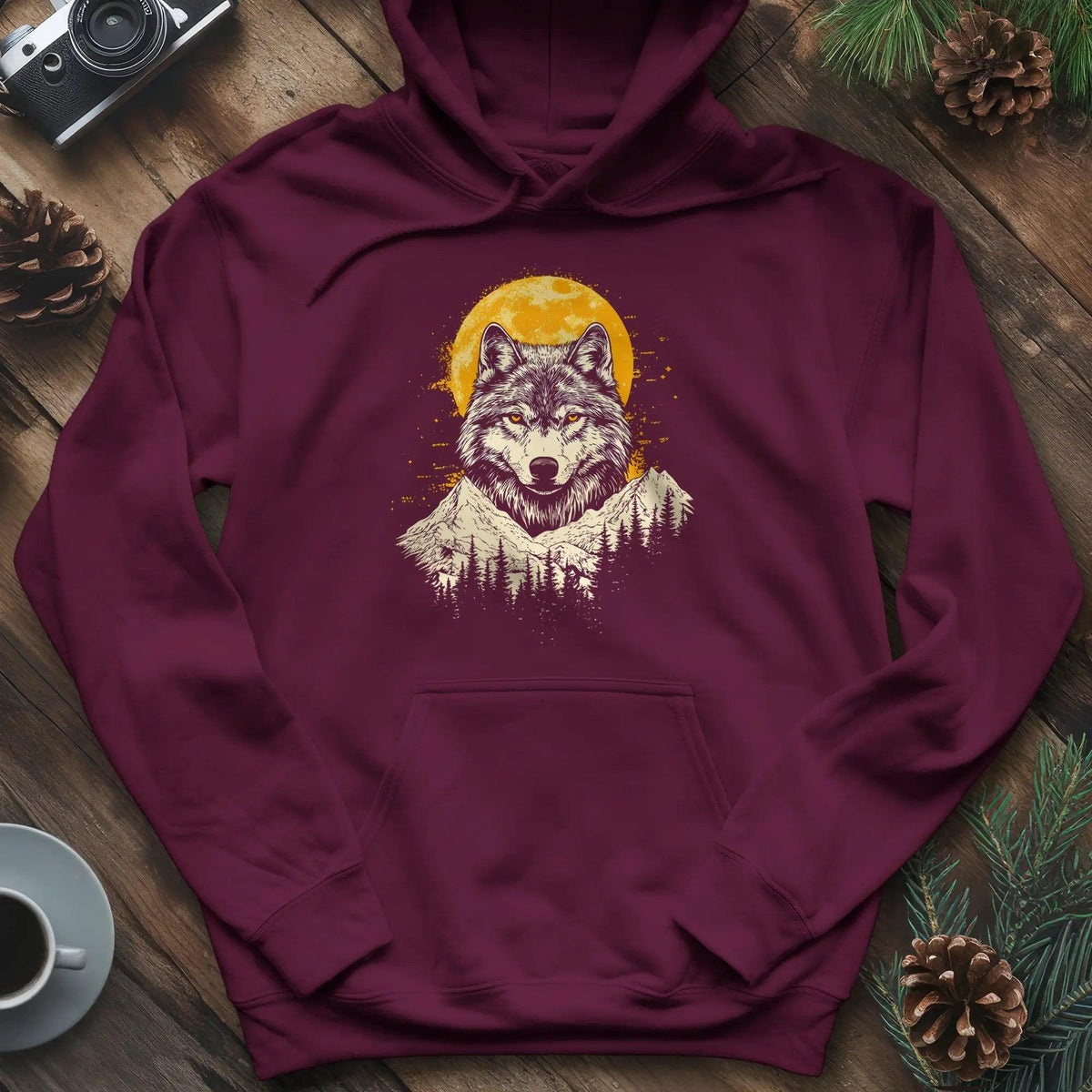 Golden Moon Wolf Hoodie – Maroon – Outdoor apparel for travel, hiking, camping, and nature lovers – ExpediCamp
