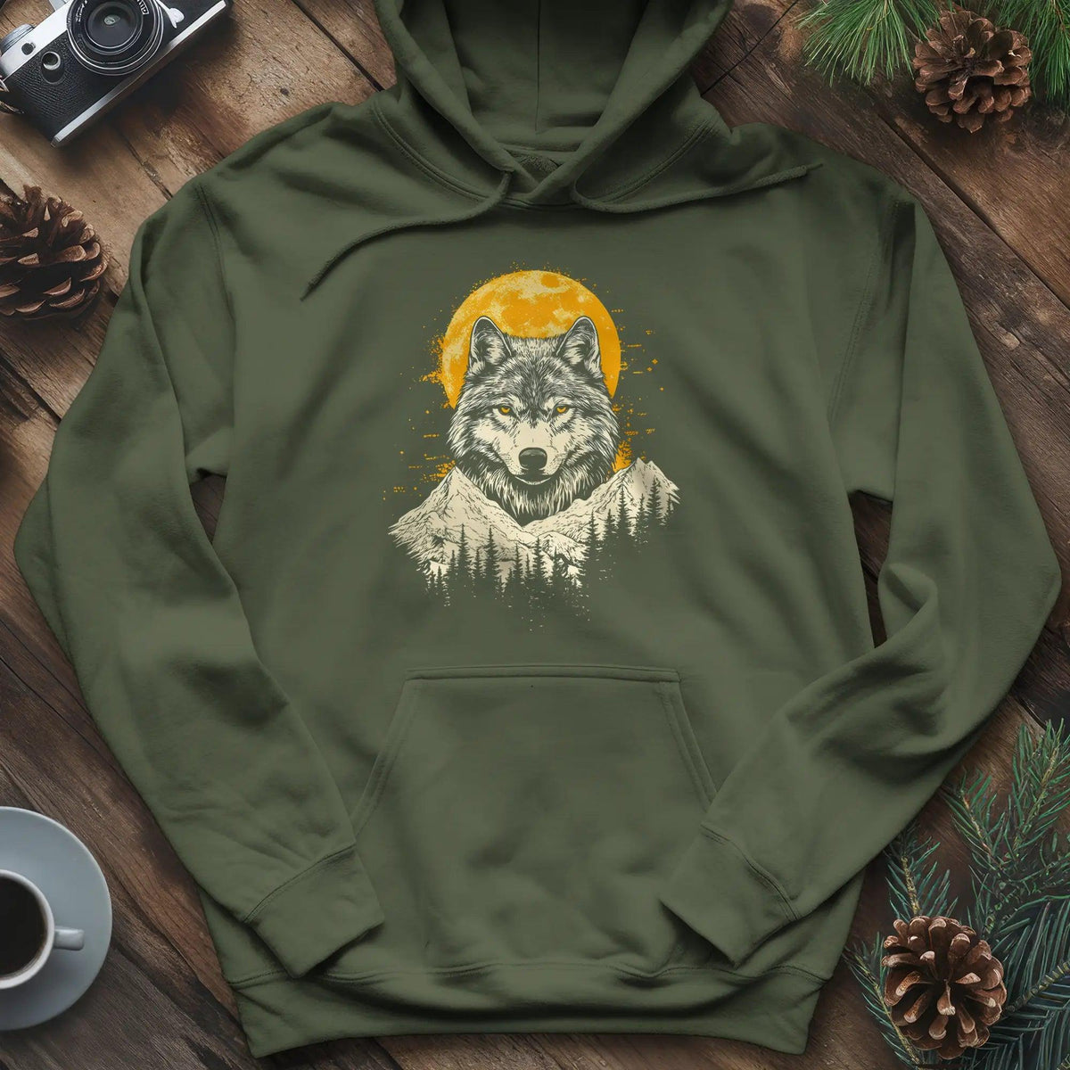 Golden Moon Wolf Hoodie – Military Green – Outdoor apparel for travel, hiking, camping, and nature lovers – ExpediCamp
