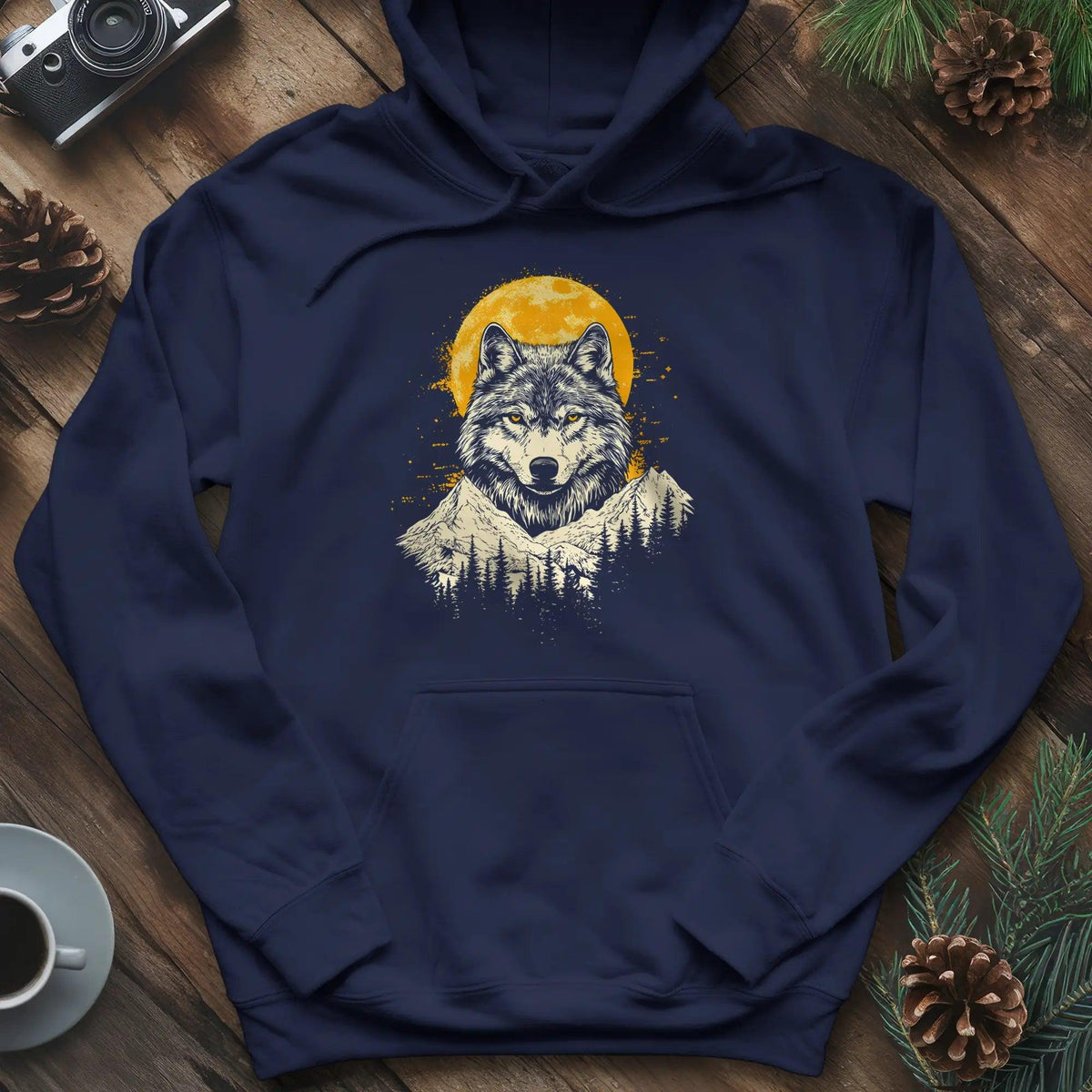 Golden Moon Wolf Hoodie – Navy – Outdoor apparel for travel, hiking, camping, and nature lovers – ExpediCamp