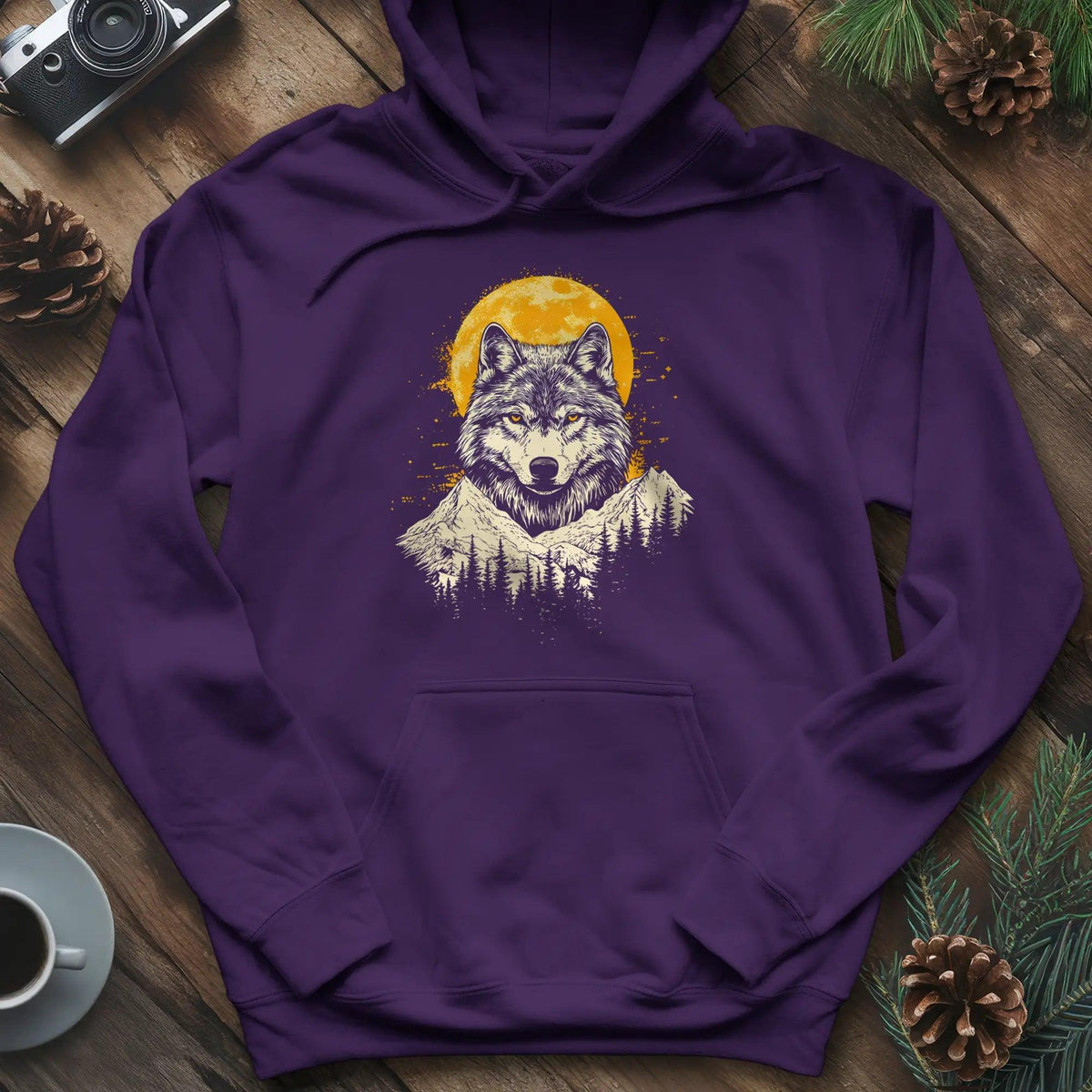 Golden Moon Wolf Hoodie – Purple – Outdoor apparel for travel, hiking, camping, and nature lovers – ExpediCamp