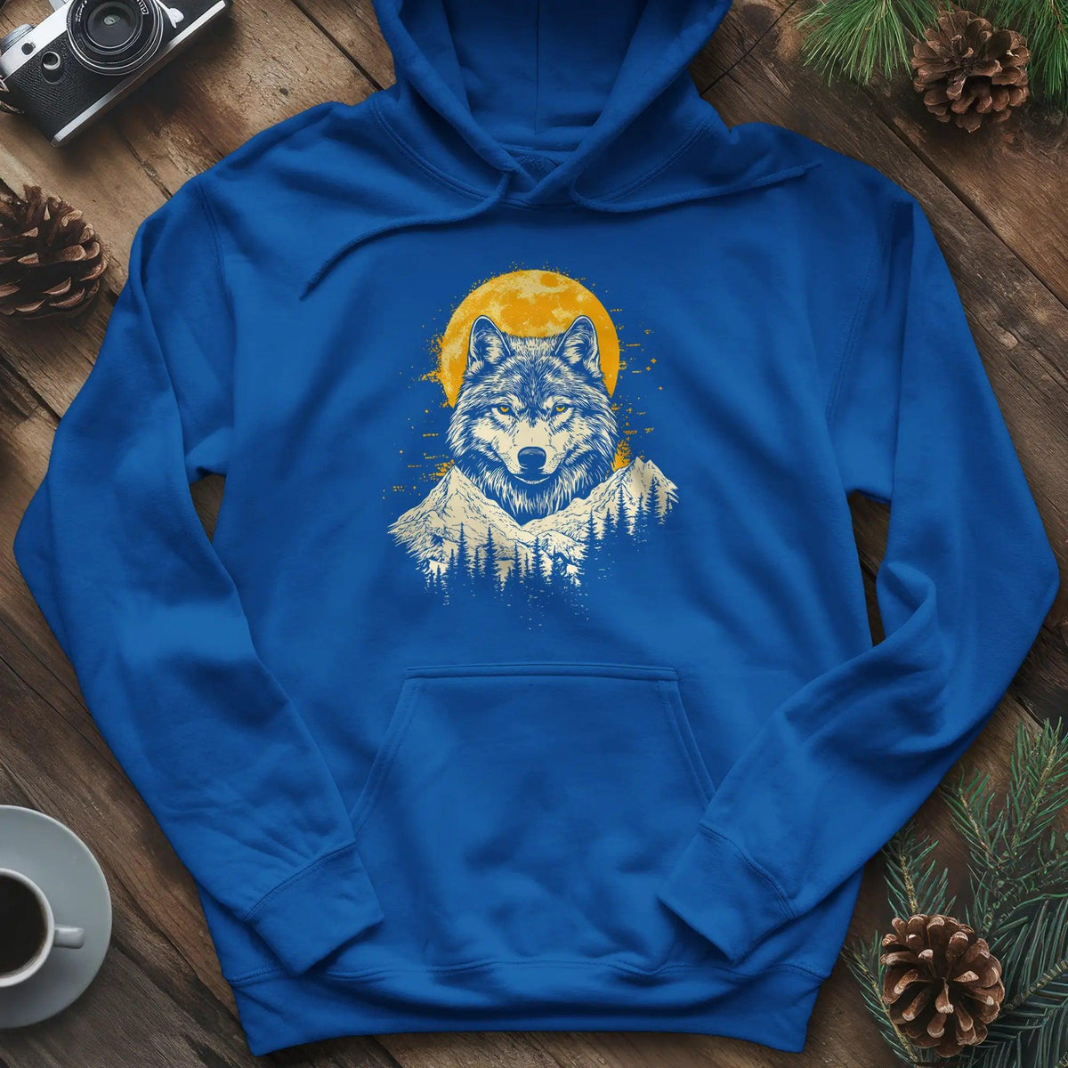 Golden Moon Wolf Hoodie – Royal – Outdoor apparel for travel, hiking, camping, and nature lovers – ExpediCamp
