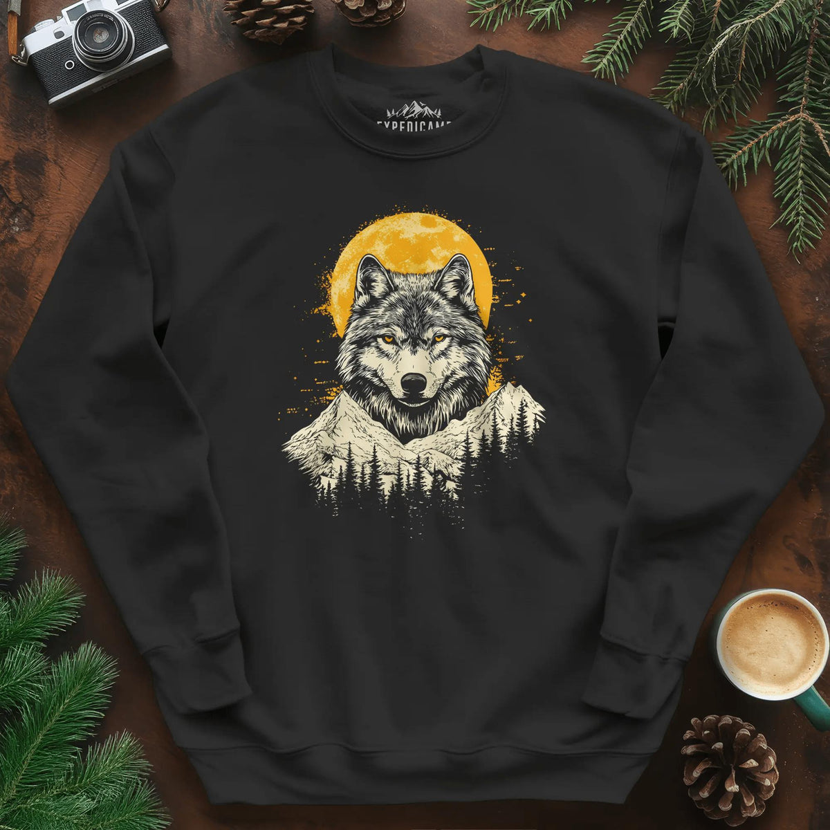 Golden Moon Wolf Sweatshirt – Black – Outdoor apparel for travel, hiking, camping, and nature lovers – ExpediCamp