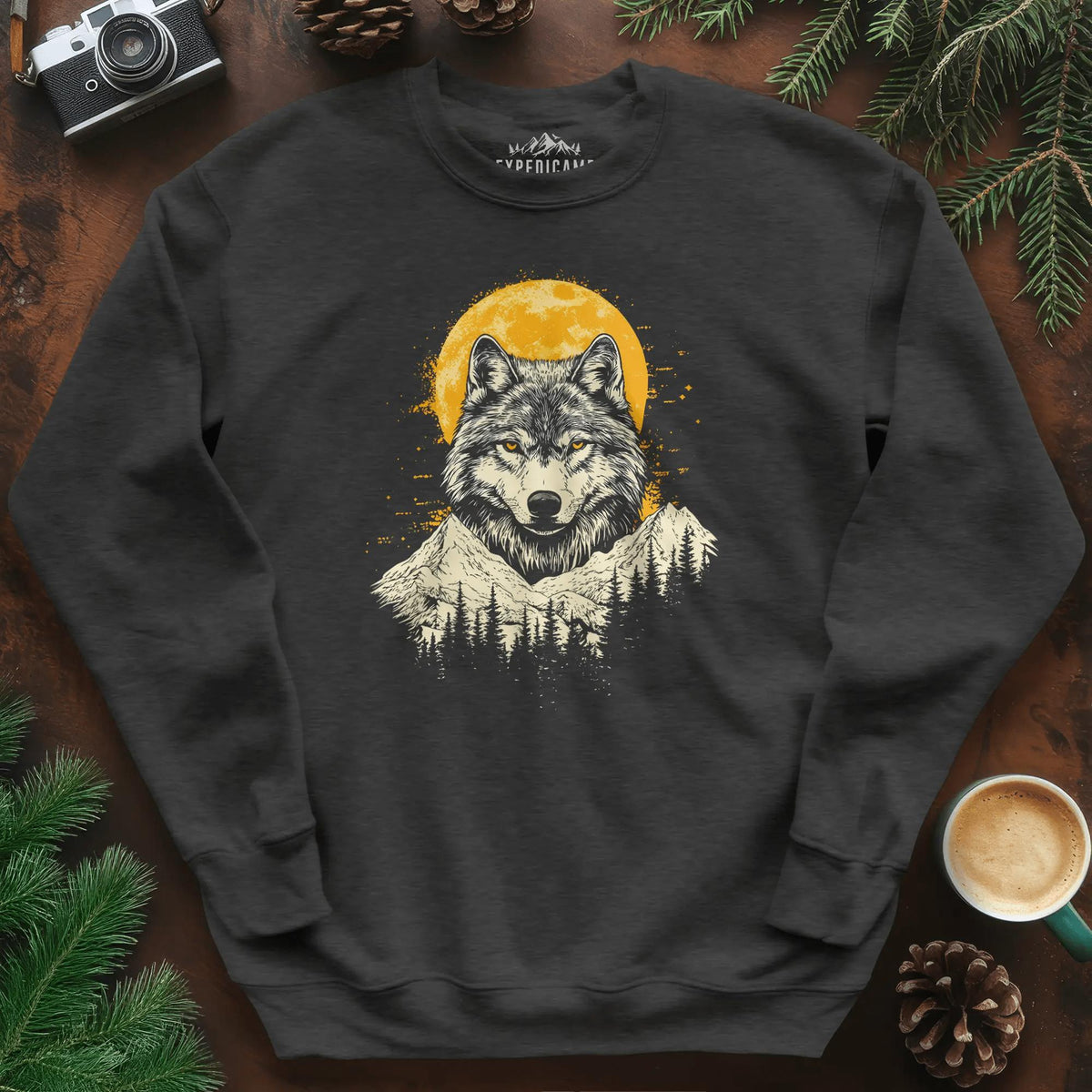 Golden Moon Wolf Sweatshirt – Dark Heather – Outdoor apparel for travel, hiking, camping, and nature lovers – ExpediCamp