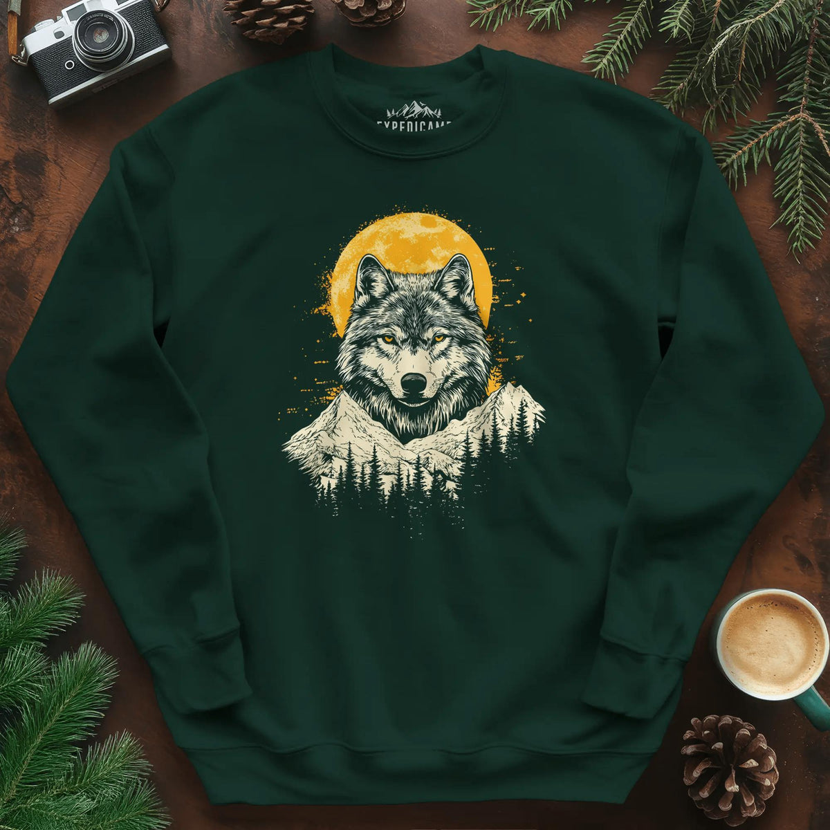 Golden Moon Wolf Sweatshirt – Forest Green – Outdoor apparel for travel, hiking, camping, and nature lovers – ExpediCamp