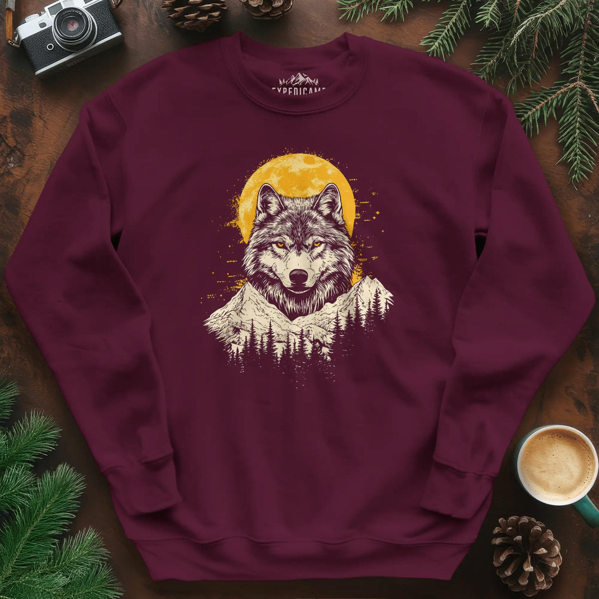 Golden Moon Wolf Sweatshirt – Maroon – Outdoor apparel for travel, hiking, camping, and nature lovers – ExpediCamp