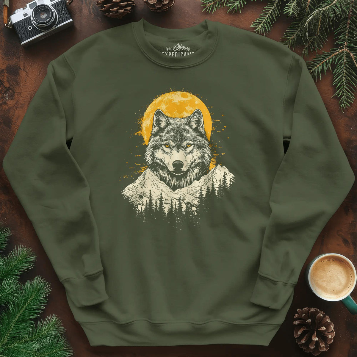 Golden Moon Wolf Sweatshirt – Military Green – Outdoor apparel for travel, hiking, camping, and nature lovers – ExpediCamp